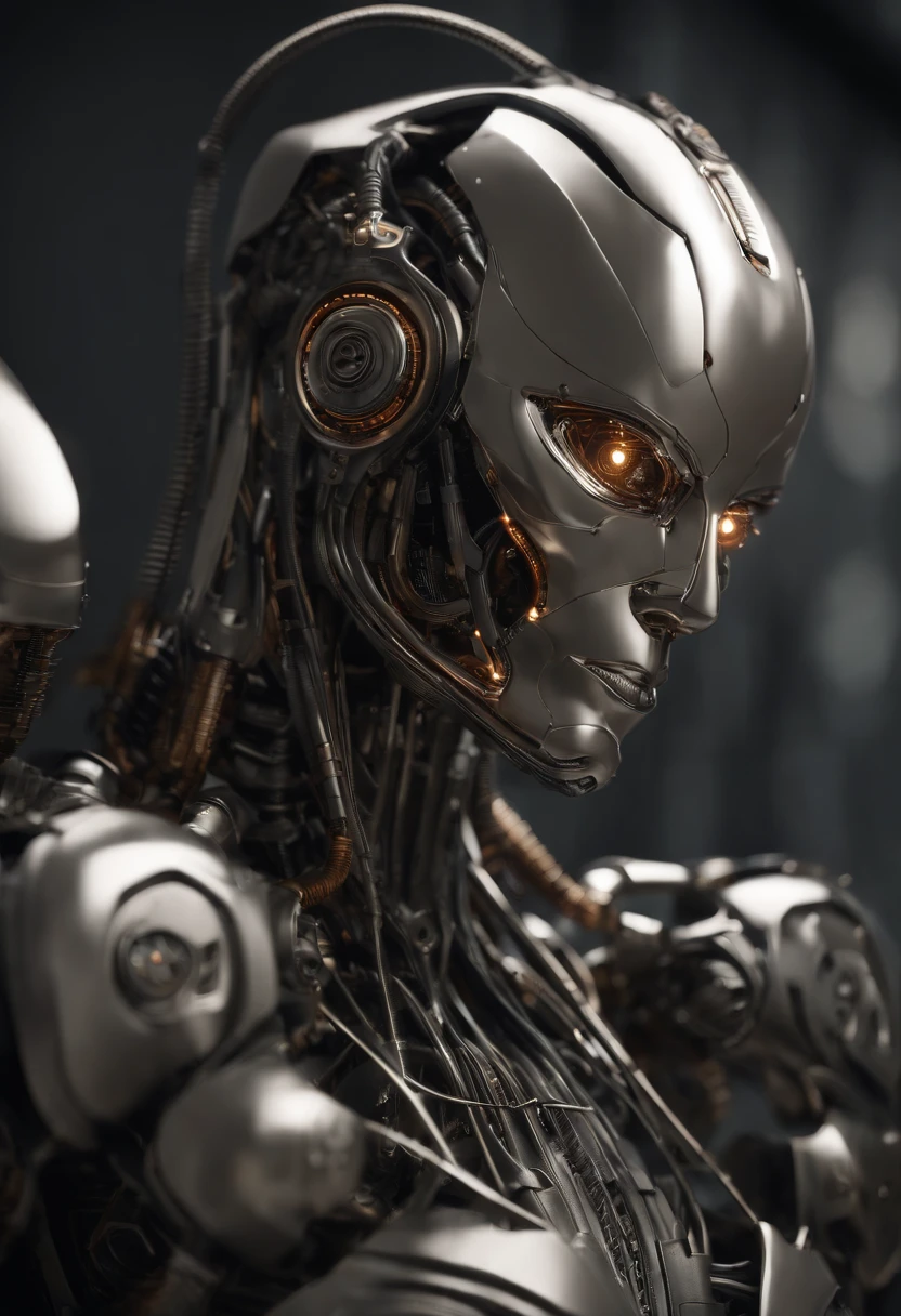 complejo 3d render ultra detallado de un hermoso perfil de porcelana hombre android cara, cyborg, Robotic Parts, 150 mm, hermoso estudio luz suave, luz de borde, detalles vibrantes, ciberpunk lujoso, encaje, hiperrealista, anatomical, facial muscles, electrical wires, microchip, elegante, hermoso fondo, octanaje, estilo H. R. Giger, 8k, mejor calidad, obra maestra, illustration, un extremadamente delicado y hermoso, extremadamente detallado, CG, unidad, papel tapiz, incredible, detalles finos, obra maestra, mejor calidad, arte oficial, fondo de pantalla CG 8k extremadamente detallado, robot, halmet plateado, ((cuerpo completo)), sentado