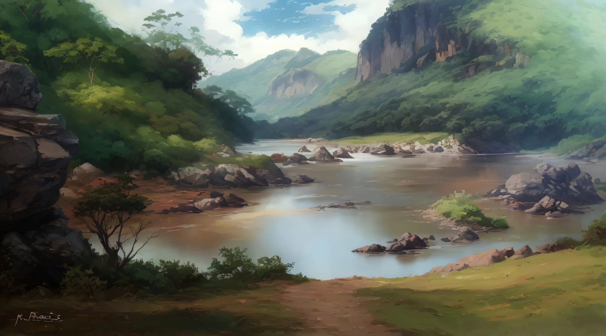 pintura de um rio com uma montanha ao fundo, 8k resolution digital painting, 8k resolution digital painting, pintura digital muito detalhada, Tran Ross. scenic background, lindo pintura digital, Pintura Digital de Alto Detalhe, pintura digital impressionante, pintura digital bonita, Pintura digital 8k, pintura digital detalhada, Pintura digital 4K, Pintura digital 4k, pintado em anime painter studio