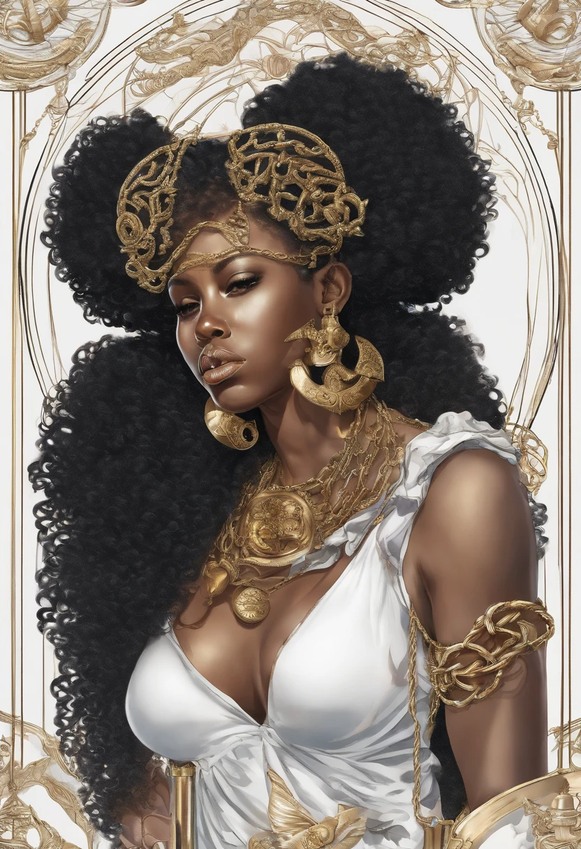Black woman afro cut with big bare breasts and piercing on the nipples gold chains