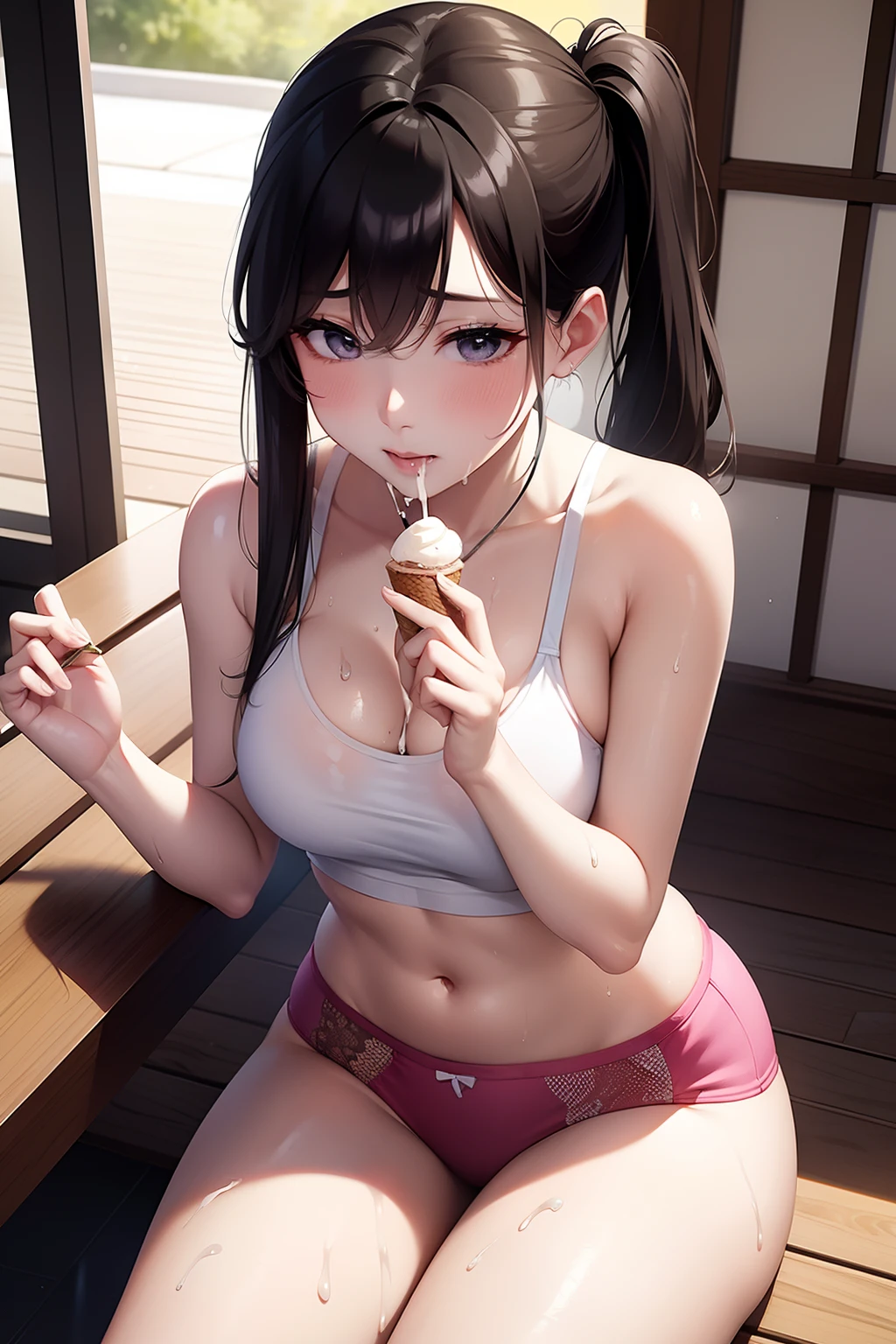 K-pop idols、Female Sexy、underwear、On the veranda、eating ice cream、sit down、Full sweat、drenched、She is wet
