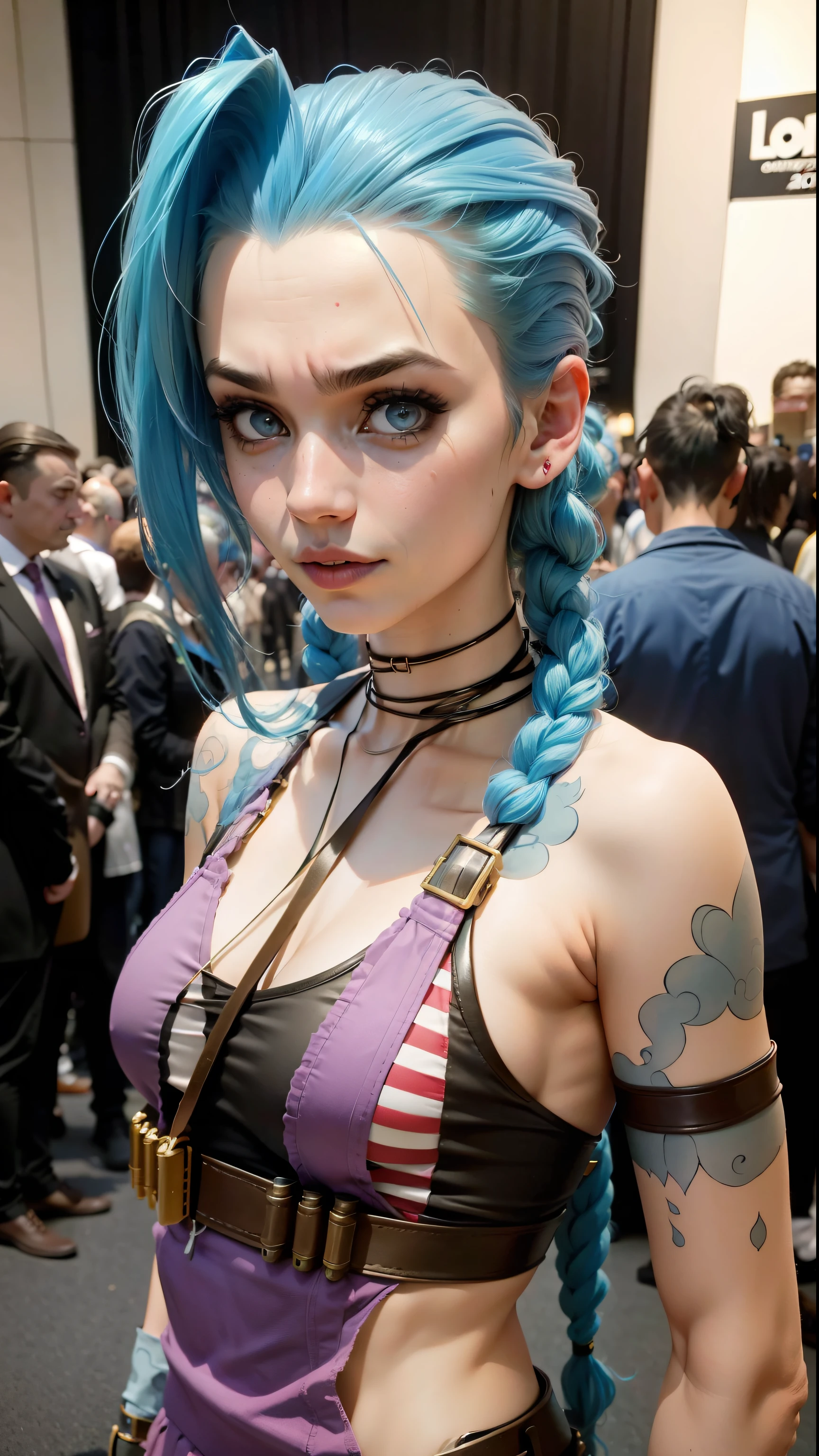 Fille de 20 ans, cosplay jinxlol, Ultra realistic photo, en convention manga