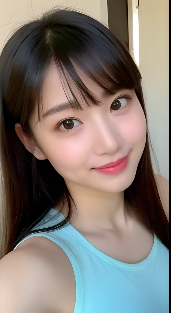 ((The Highest Quality、8k、master masterpiece:1.3))、1女の子、Beautiful woman with plump abs emphasized:1.3、total body、(long Hair、gigantic tits:1.5)、Oversized tank top:1.2、Super delicate face、delicated eyes、Double Eyelid、Sorrisos、home、Pink clothes、sportbra,、Thigh gap、Pale Skin、Hot pants、fitness、bangs