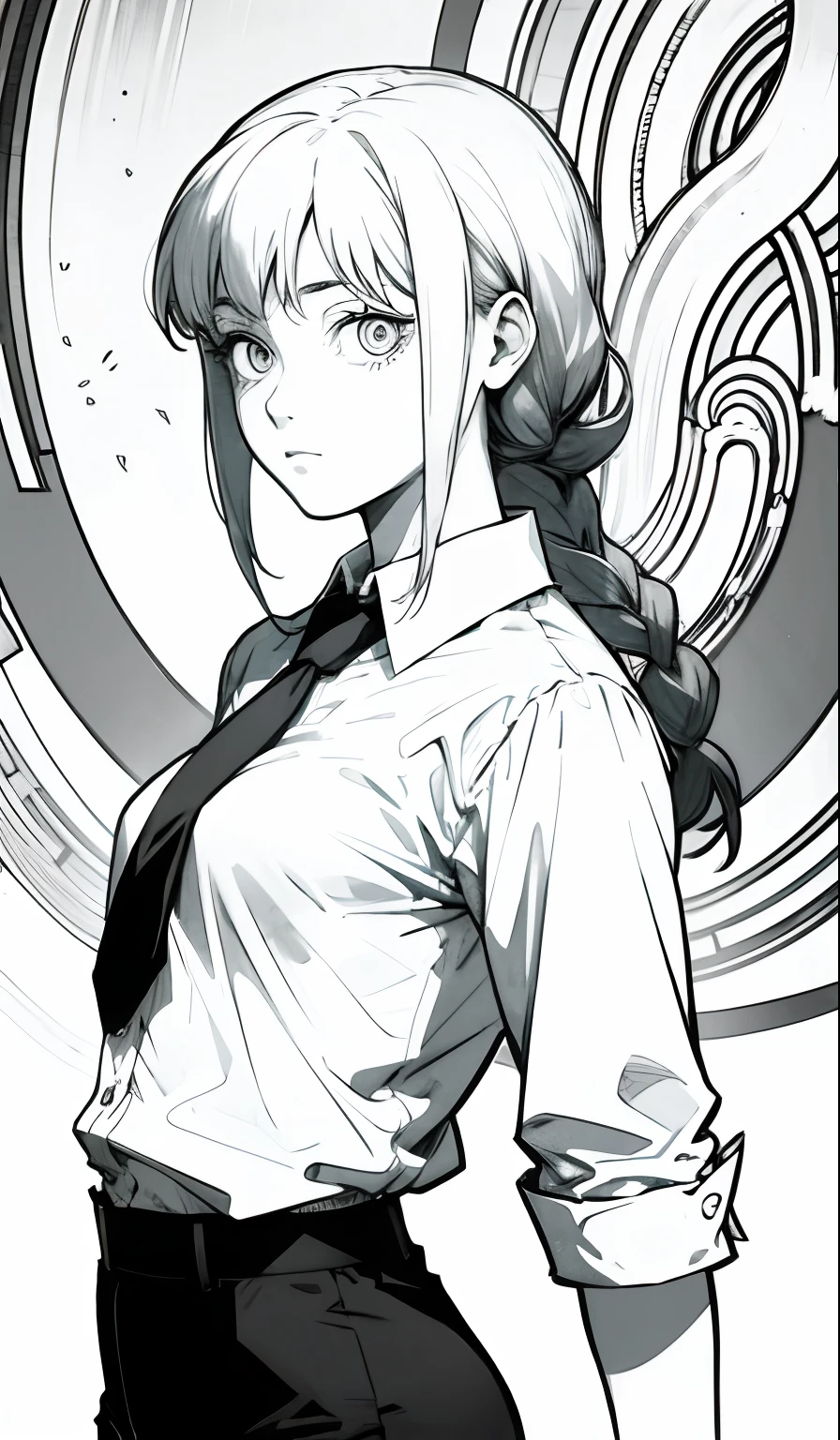 Makima una chica,age 21,Camisa manga larga, black pant, corbata negra,high resolusion, ultra detallado, Sombra realista,ojos brillantes, ambiente oscuro,
