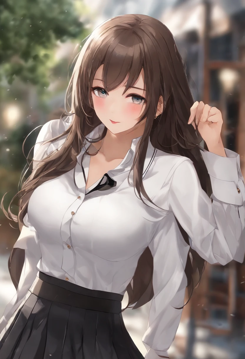 ((Best Quality, 8K, masutepiece :1.3)), Sharp Focus :1.2, A pretty woman with perfect figure :1.4, Slender Abs :1.2, ((Layered longhair, Big breasts :1.2)), (White shirt :1.3), Office wear, Mini Very Short Black Skirt (a sultry) ((agitation: 1.5)), Night: 1.5, (Black pantyhose), Open Shirt Show , Rain :1.3, Street:1.3, Highly detailed face and skin texture, Detailed eyes, 二重まぶた