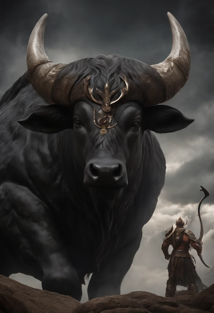 Minotauro estilo anime: Um majestoso Minotauro, with an imposing bull's head adorned with deep spiral horns, olhos expressivos. atletic, nenhuma armadura impressionante com detalhes intrincados. The bull's skin is dark brown and covered with a thin, pelagem curta. He's on his feet, Pronto para a batalha, a large axe in one hand and a determined expression on his face. The backdrop is an epic backdrop with dramatic clouds and rays of sunshine strewn across the sky.
