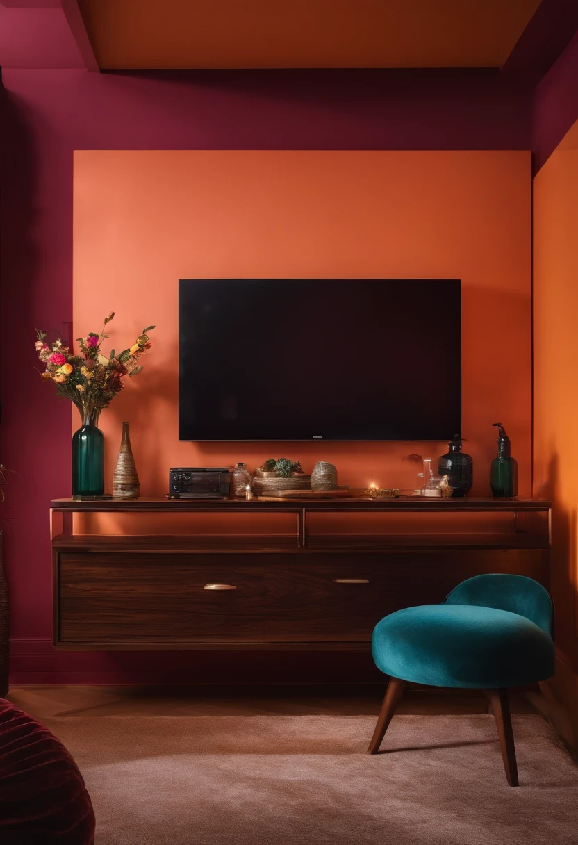 mesa de maquiagem com painel de tv ao lado
