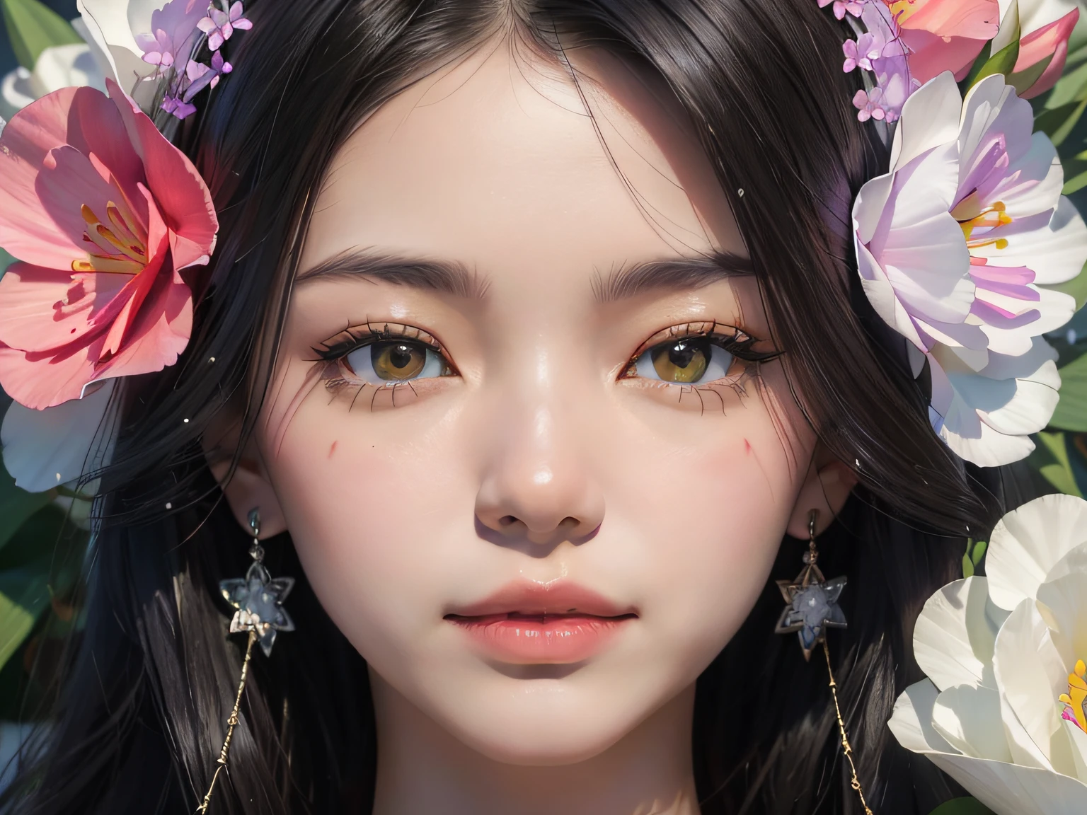 The face of an oriental woman，HD close-up of face，dark bright eyes，Jet black smooth hair，Surrounded by flowers on all sides，Red roses，White tulips，Purple hydrangeas，Pink tulips，Light green carnations，Black gold-rimmed rose，White sky full of white stars，Green leaves