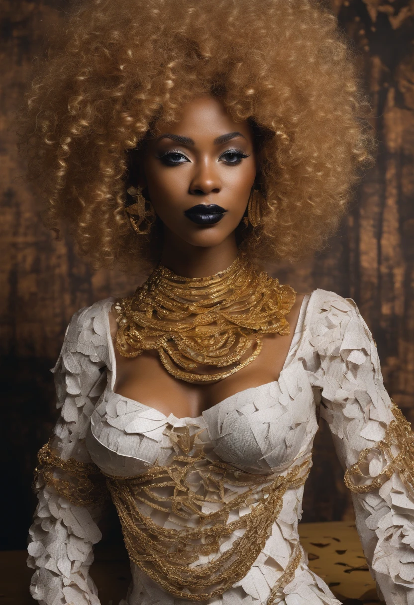 Ghotic woman afro cut with big bare breasts and piercing on the nipples of gold chains