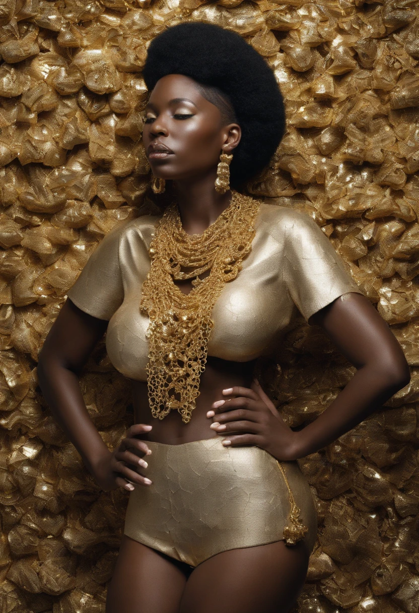 Ghotic woman afro cut with big bare breasts and piercing on the nipples of gold chains