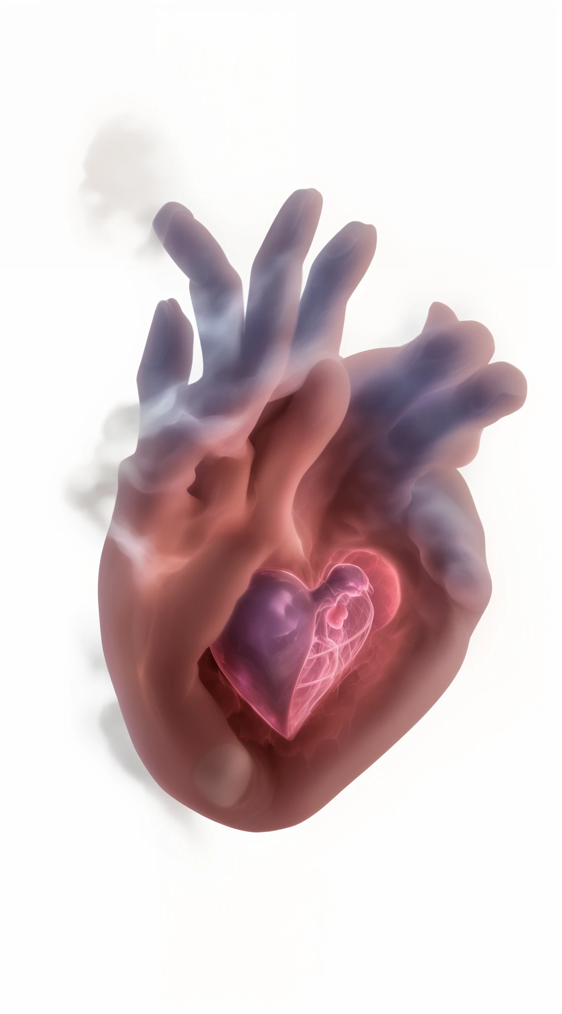 (La mejor calidad, Altas Resoluciones, obra maestra:1.2),ultra detallado, realista, Renderizado 3D, (human heart, anatomy:1.1) humo, Textura esculpida, Emergiendo de la oscuridad, brillando en el centro, White smoke billowing around the heart, Subtle touches of blue and purple, Soft lighting that emphasizes texture and depth, artistic rendition.
