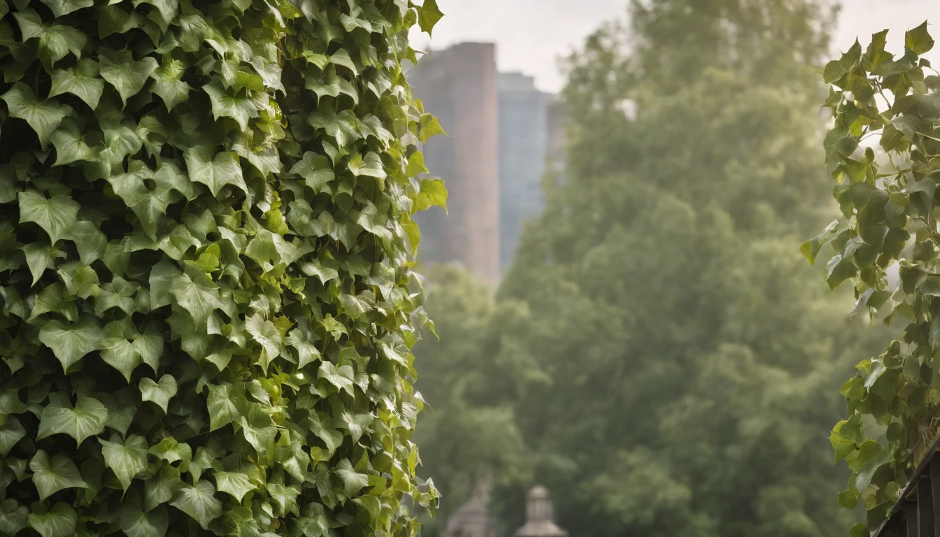 Craft a scene where nature reclaims the urban jungle, depicting ivy-covered skyscrapers in a post-apocalyptic surrealist art style.