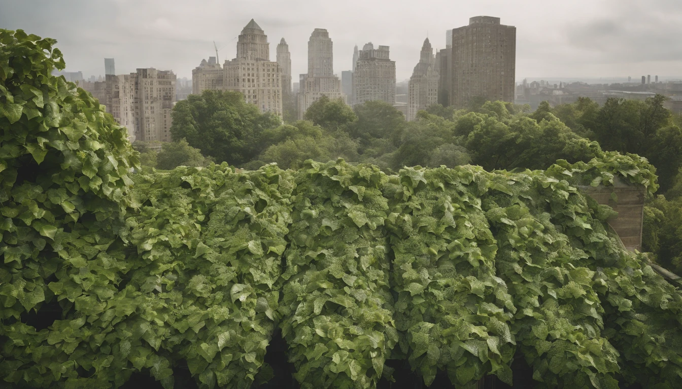 Craft a scene where nature reclaims the urban jungle, depicting ivy-covered skyscrapers in a post-apocalyptic surrealist art style.