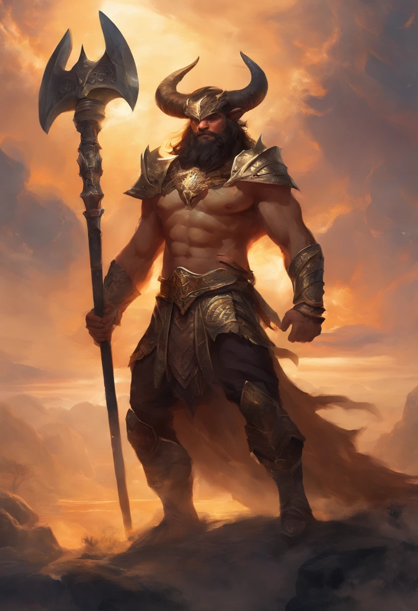 Um majestoso Minotauro, with an imposing bull's head adorned with deep spiral horns, olhos expressivos. atletic, nenhuma armadura impressionante com detalhes intrincados. The bull's skin is dark brown and covered with a thin, pelagem curta. He's on his feet, Pronto para a batalha, a large axe in one hand and a determined expression on his face. The backdrop is an epic backdrop with dramatic clouds and rays of sunshine strewn across the sky.