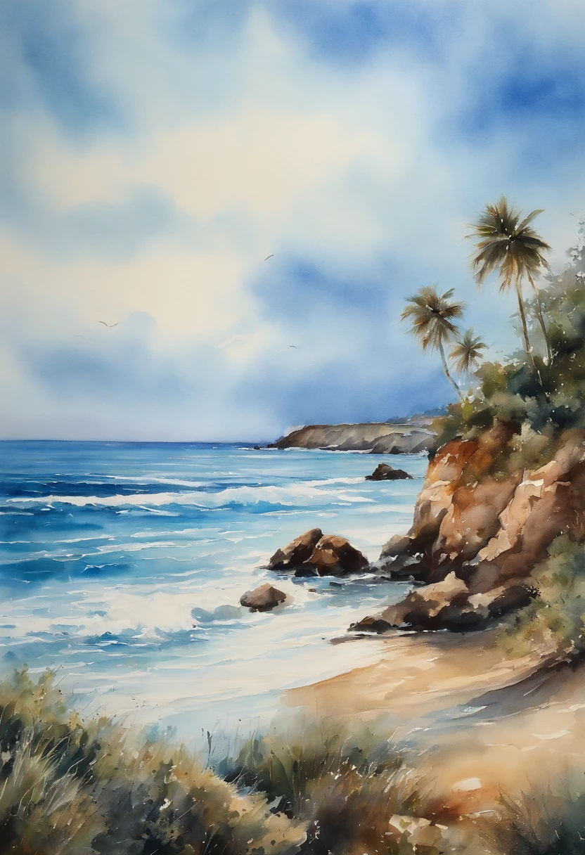 Blue sky with beautiful coast and sea, arte aquarela