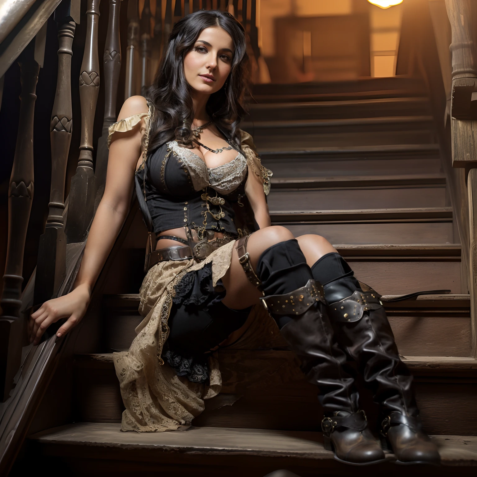 araffe woman in a steampunk outfit sitting on a set of stairs, in detailed steampunk dress, steampunk clothes, young girl in steampunk clothes, steampunk style, wearing a camisole and boots, steampunk girl, western cowgirl, steampunk fantasy style, wearing steampunk attire, post - apocalyptic cowgirl, a steampunk beautiful goddess, steam punk style, steampunk fiction, western steampunk cyborg,(((big breasts, cleavage))),(((sexy midriff))), ((hourglass figure))