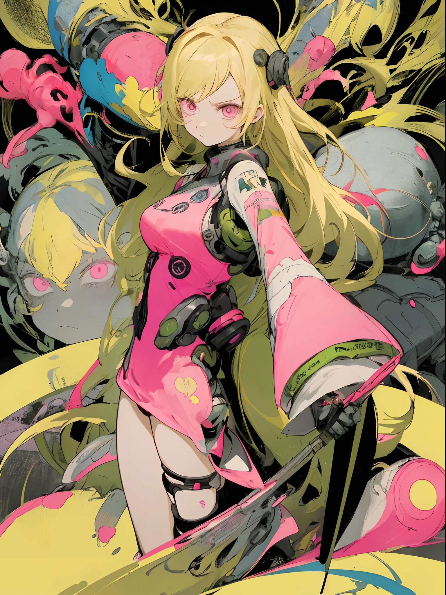 1 girl, blonde hair, blonde woman, hairlong, bright pink eyes, pastel colours, big breastes, Cute hair clips, tattoos on body, bracelets on hands, The poster of the film depicts a young woman as the central character。She stands confidently in the center of the poster,Wear trendy cyborg-futuristic outfits,with a determined expression on his face。The background is dark and grainy,There is a sense of danger and a strong sense。The text turned out to be bold and attracted attention,with catchy slogans,Adds overall drama and excitement。The color palette is dominated by dark colors,dotted with bright colors