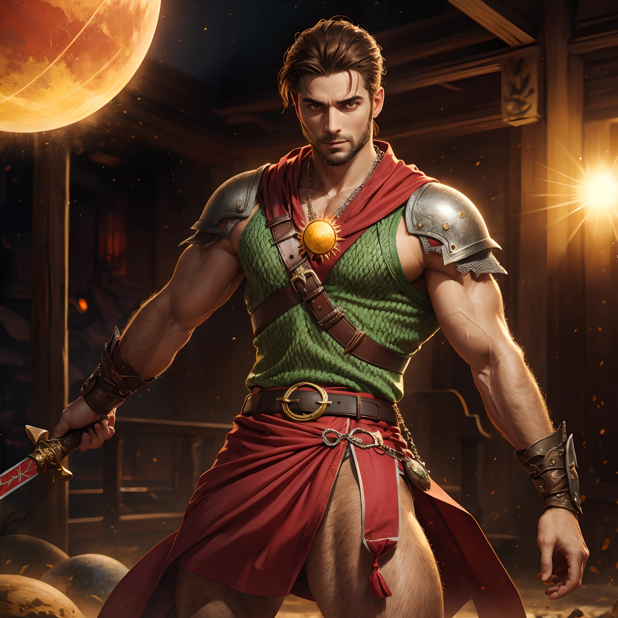 Portrait of 1man, muscular, Caucasian, tanned skin, (long shoulder-length brown hair), pointed brown beard, brown eyes, wearing belt, wearing red loincloth, wearing chainmail shirt, (alien planet with 1 large red sun and 1 small green sun), dramatic stance, holding sword hilt, looking at viewer, bokeh, raytracing, realistic textured skin, particle effects, depth of field