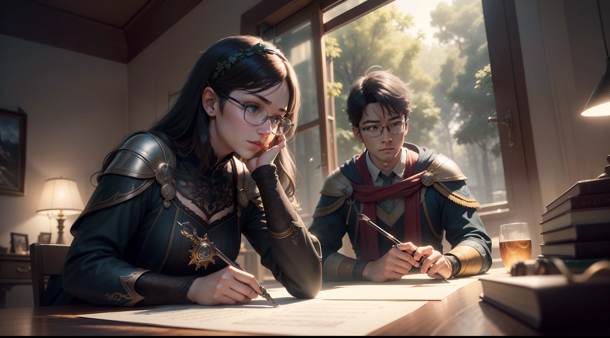 nerdy students,mathlete,magical math competition between wizards, hi res, 4k, 8k, 16k, ultrahd, realisitic, photon mapping, radiosity, cinematic lighting, sharp focus, best quality, volumetric lighting, volumetric light, concept art, path tracing. warm colors, (RAW photo., best quality), (realistic, Realistic: 1.3), NVIDIA RTX Ray Tracing, octan render, high-resolution, beautiful, Awesome, finely and highly detailed, masterpiece, ultra-detailed, High, (best illustration), (best shadow), intricate, sharp focus, perfect composition, fantasy, intricate, elegant, volumetric mist, 8k UHD, DSLR, high quality, (grain of film: 1.4), Fujifilm XT3, art-station, smooth and sharp focus, detail