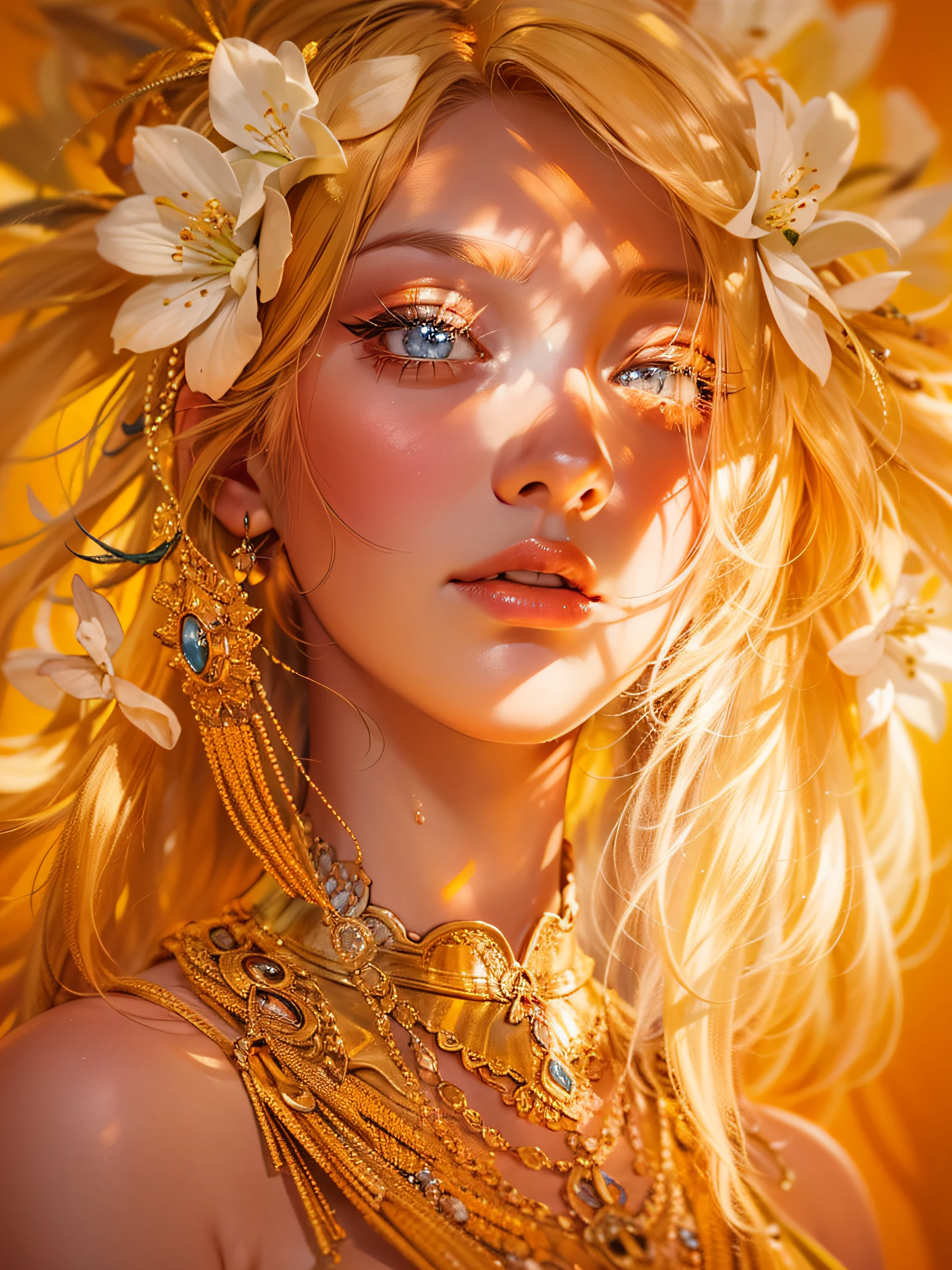 Beautiful Orange Blossom Princess, Arnouveau style, symmetrically, fondness, sunlight rays, airiness, grace, Floral ornament, chiffon, Silk, Correct eye proportions, expressive eyes, long eyelashes, plump wet lips, Texture skins for the face, A lot of air, higly detailed, Doubleexposure, 30 thousand......., hyper realisitc, Hi-Def, soft-lighting