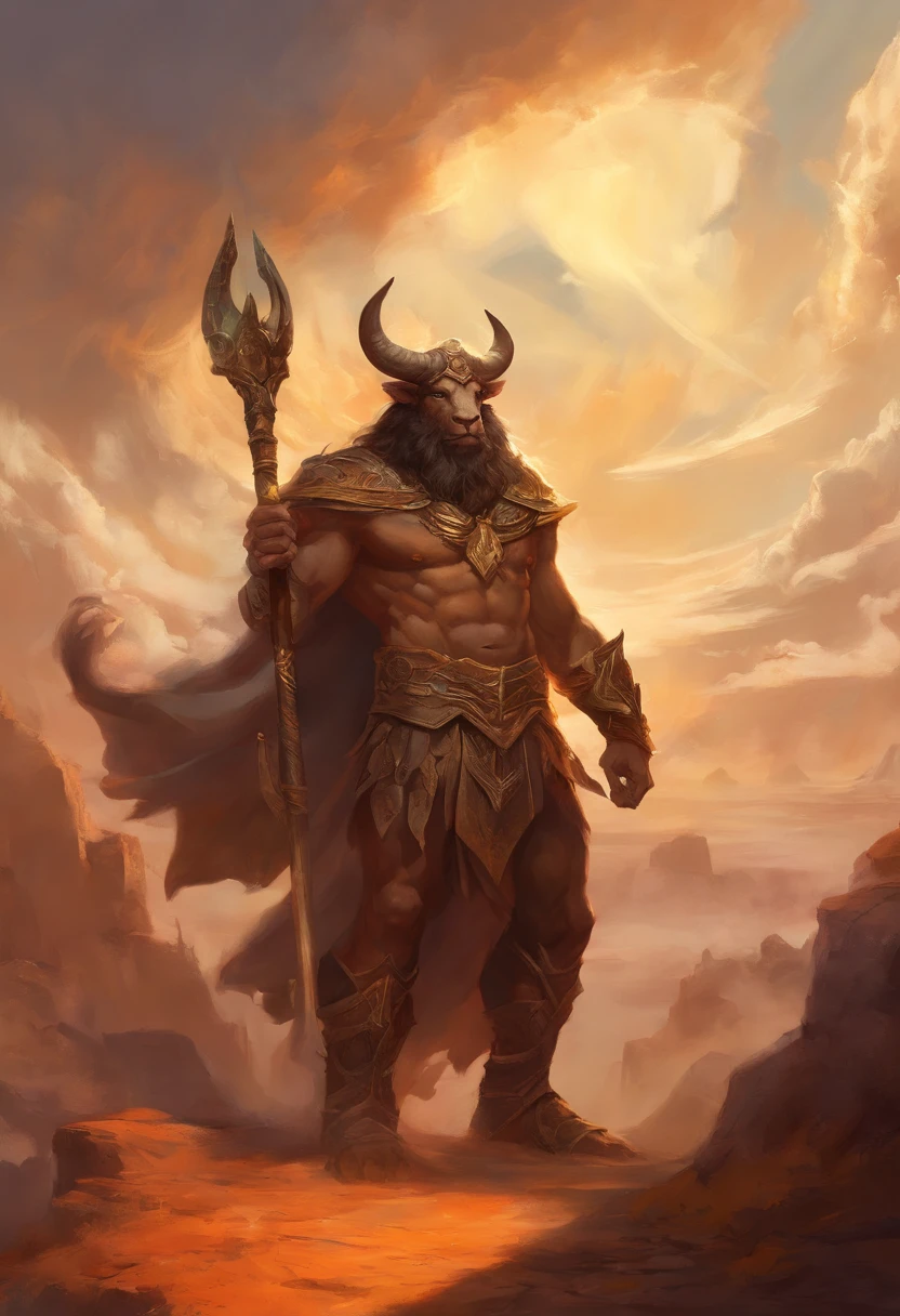 Um majestoso Minotauro, with an imposing bull's head adorned with deep spiral horns, olhos expressivos. atletic, vestes rasgadas. The bull's skin is dark brown and covered by a thin, pelagem curta. He's on his feet, Pronto para a Batalha, a large axe in one hand and a determined expression on his face. The backdrop is an epic backdrop with dramatic clouds and rays of sunshine strewn across the sky.