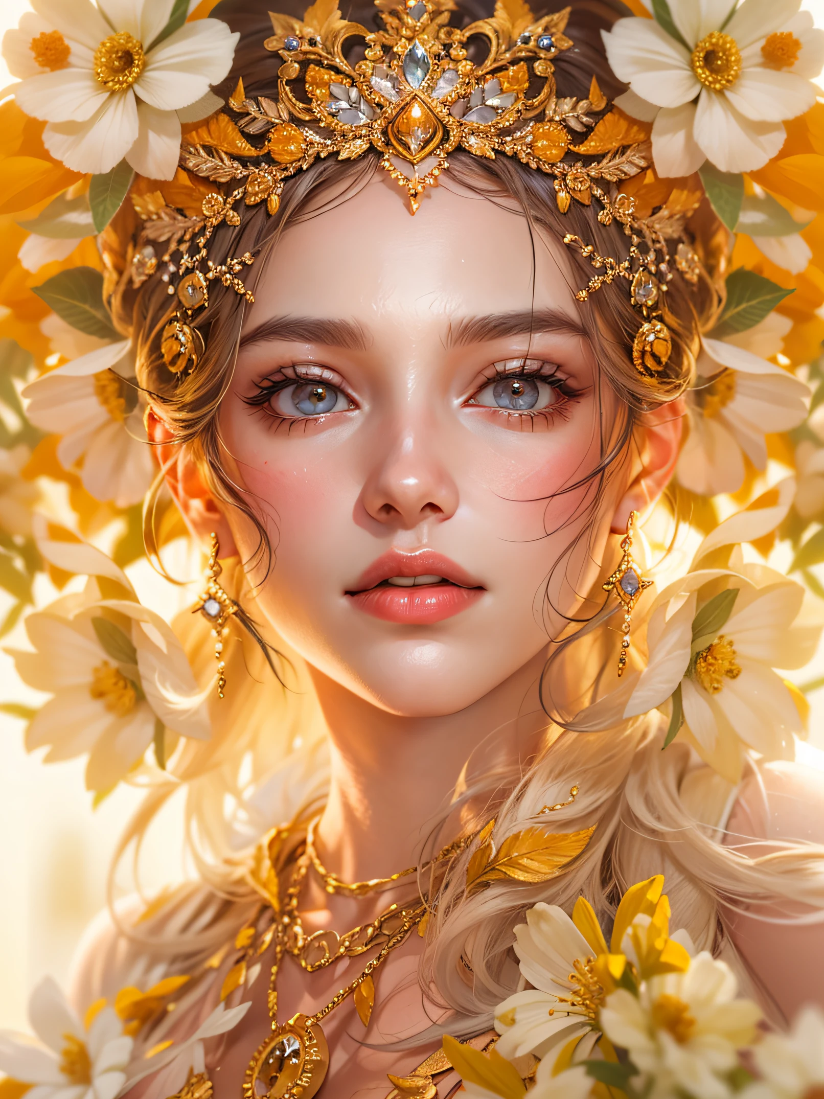 Beautiful Orange Blossom Princess, Arnouveau style, symmetrically, fondness, sunlight rays, airiness, grace, Floral ornament, chiffon, Silk, Correct eye proportions, expressive eyes, long eyelashes, plump wet lips, Texture skins for the face, A lot of air, higly detailed, Doubleexposure, 30 thousand......., hyper realisitc, Hi-Def, soft-lighting