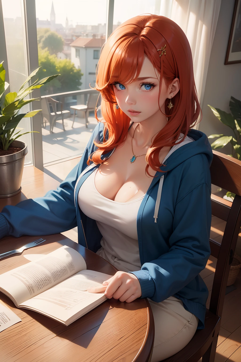 (masterpiece best quality), solo, 1girl, thick lips, blue eyes, ginger hair, tan, money tuck, bedroom, window, scoop neck, half up half down hair, hair ornament, large breasts, jewelry, plant, detailed illustration, restaurant, sitting at table, hoodie, cleavage