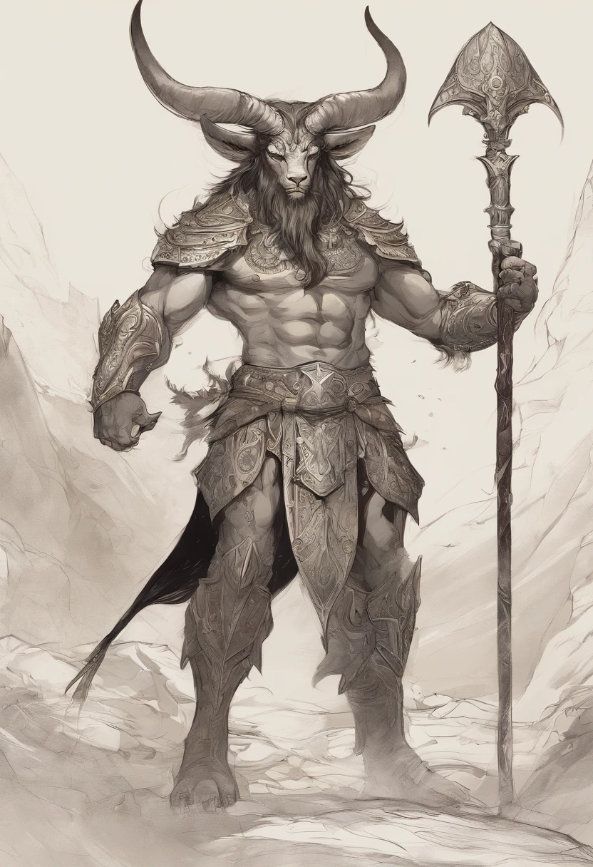 Um majestoso Minotauro, with an imposing bull's head adorned with deep spiral horns, olhos expressivos, atletic, vestes rasgadas. The bull's skin is dark brown and covered by a thin, pelagem curta. He's on his feet, Pronto para a Batalha, a large axe in one hand and a determined expression on his face.