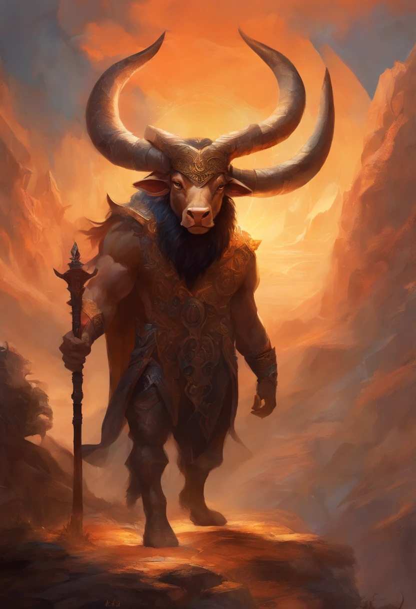 Um majestoso Minotauro, with an imposing bull's head adorned with deep spiral horns, olhos expressivos, atletic, vestes rasgadas. The bull's skin is dark brown and covered by a thin, pelagem curta. He's on his feet, Pronto para a Batalha, a large axe in one hand and a determined expression on his face.