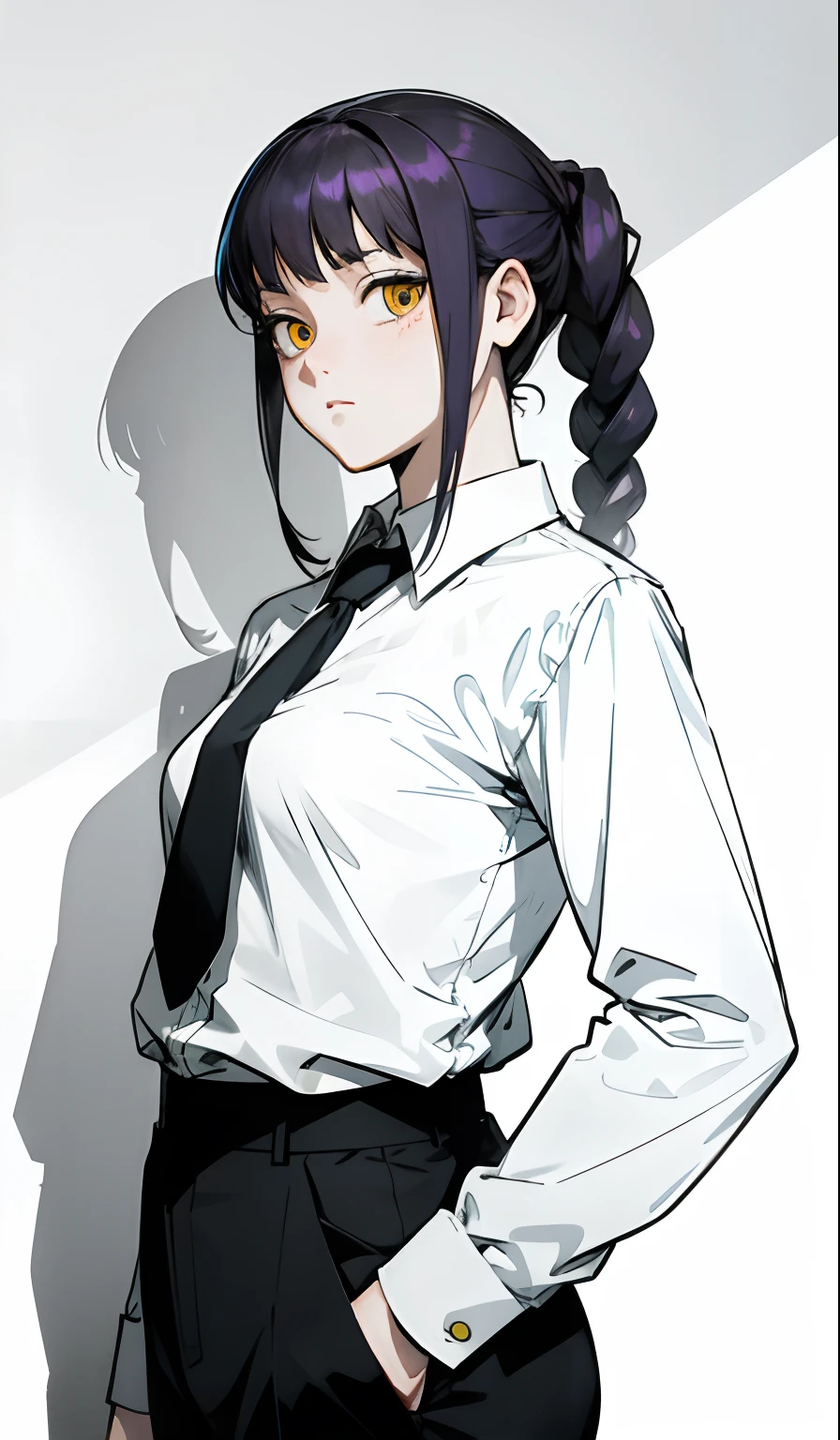 Makima una chica,age 21,Camisa manga larga, black pant, corbata negra,high resolusion, ultra detallado, Sombra realista,ojos dorados brillantes, ambiente oscuro, enojada, sensual.
