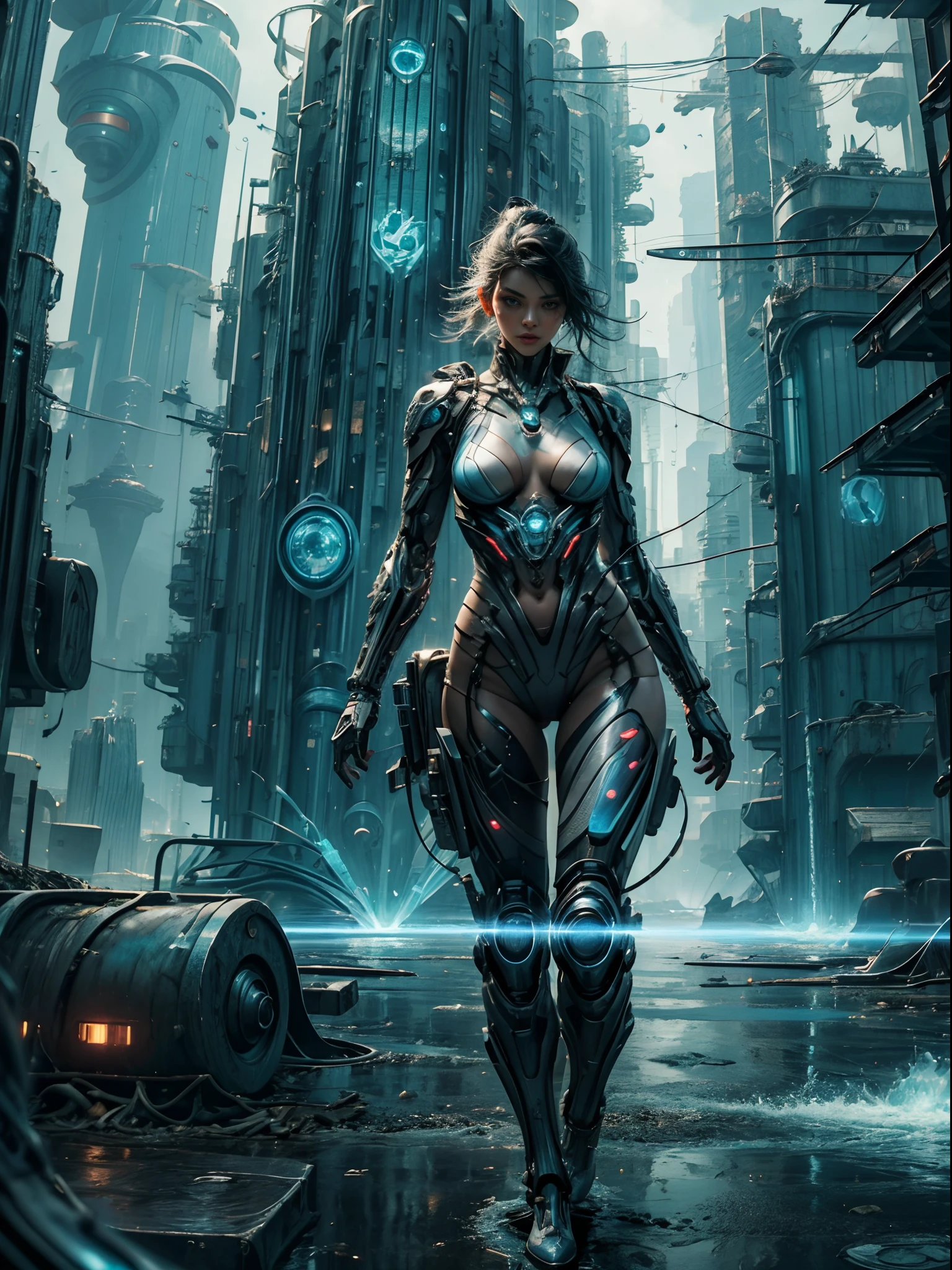 1 Cyberpunk girl, futuristic, mechanical aesthetics, complex machinery, high-tech lighting scene of futuristic city in the background, virtual engine 5, NSFW, cinematic lighting.