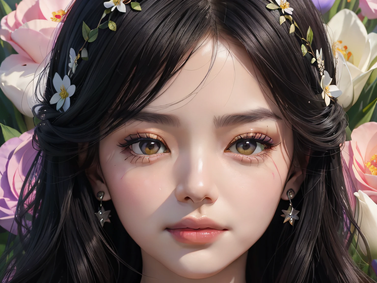 The face of an oriental woman,HD close-up of face,dark bright eyes,Jet black smooth hair,Surrounded by flowers on all sides,Red roses,White tulips,Purple hydrangeas,Pink tulips,Light green carnations,Black gold-rimmed rose,White sky full of white stars,Green leaves