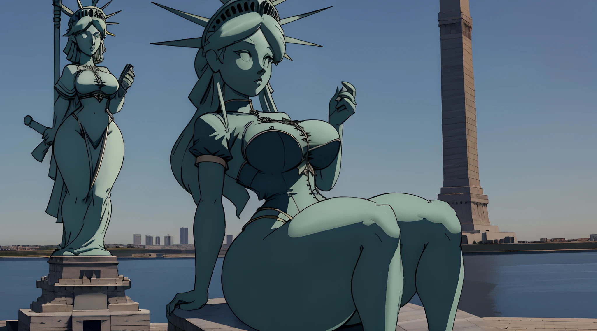 bdsm statue of liberty, 1girl, solo, Beautiful woman, hourglass figure, huge breasts, plumb ass, thick thighs, thin waist, extremely detailed face and eyes, absurdes, dynamic shadows