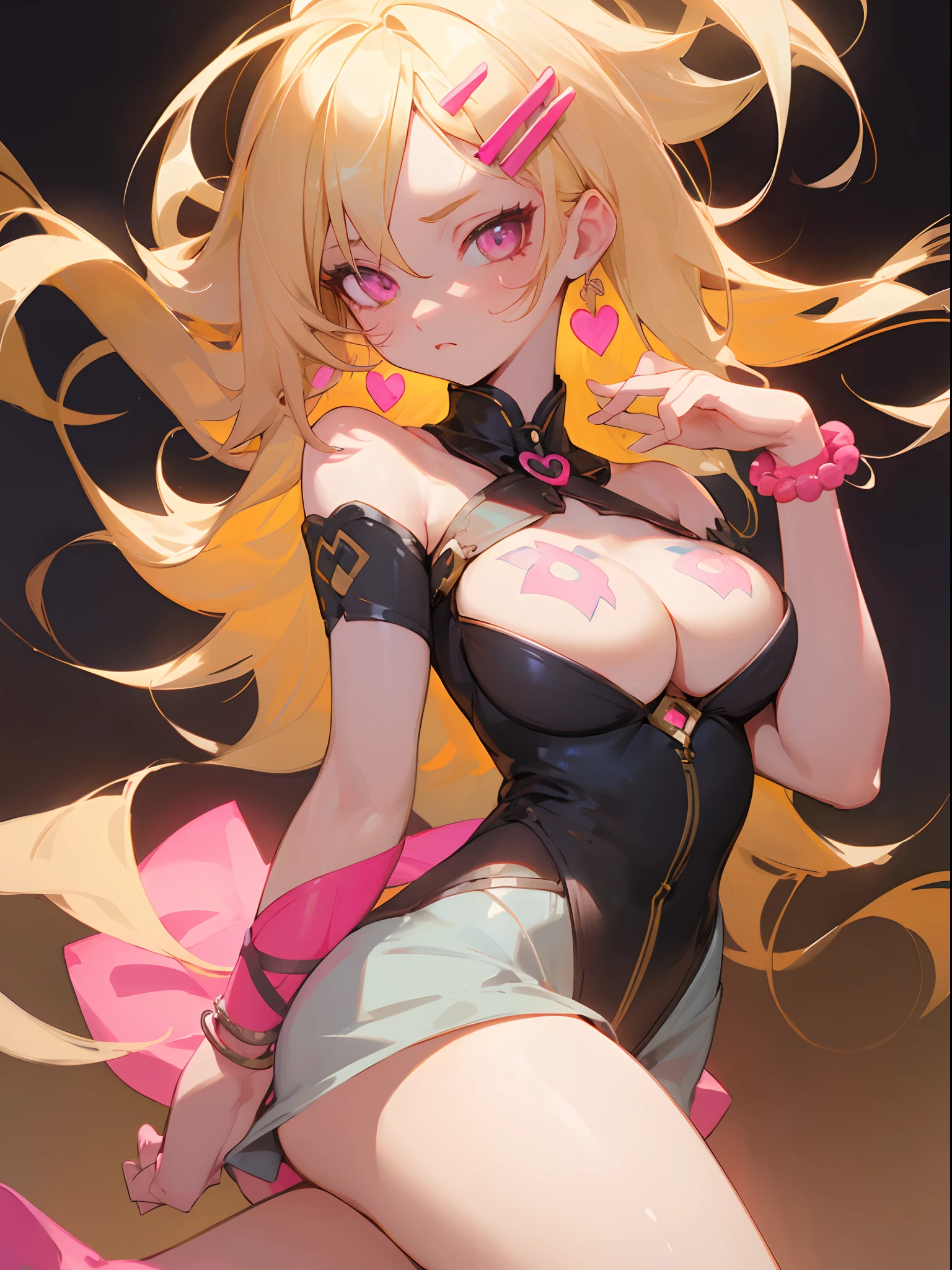 1 girl, blonde hair, blonde woman, hairlong, bright pink eyes, pastel colours, big breastes, Cute hair clips, tattoos on body, bracelets on hands, masterpiece, high quality, best quality, high resolution, 4k, high definition, beautiful lighting, highly detailed face, well designed hands, well designed legs, well drawn feet, well drawn eyes