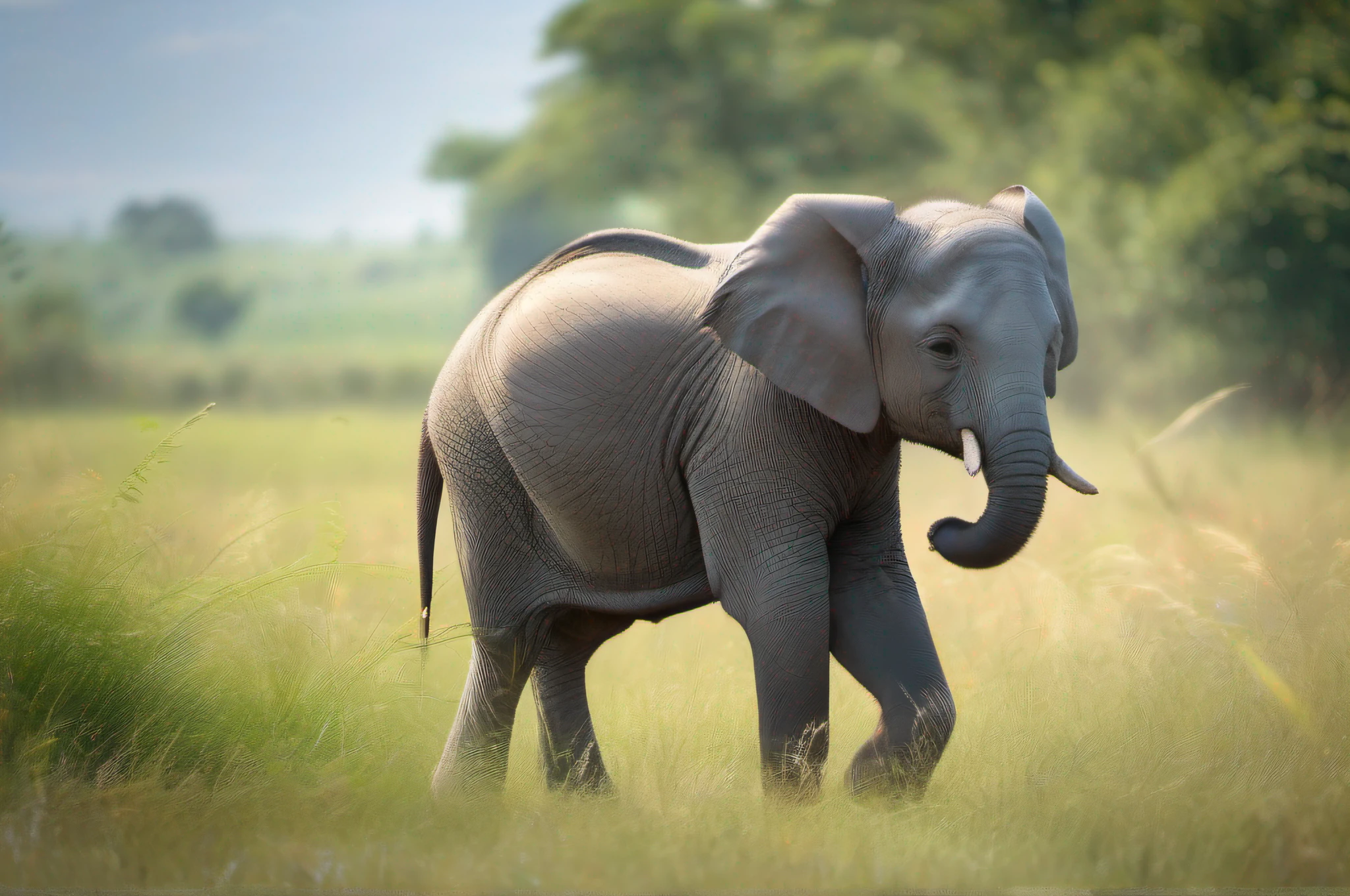 (best quality,4k,8k,highres,masterpiece:1.2),ultra-detailed,(realistic,photorealistic,photo-realistic:1.37), elephant,sitting,grass,playful,innocent,adorable,young elephant,sunny day,cute expression,[green] grass texture,dew drops on grass,curious eyes,sharp focus,wrinkled skin,fine details,happy,peaceful,tiny legs,round body,soft texture,fluffy ears,tail swaying,gentle breeze,harmonious colors,natural lighting,bluish shadows,mother elephant nearby,lush green environment,distant trees,clear blue sky