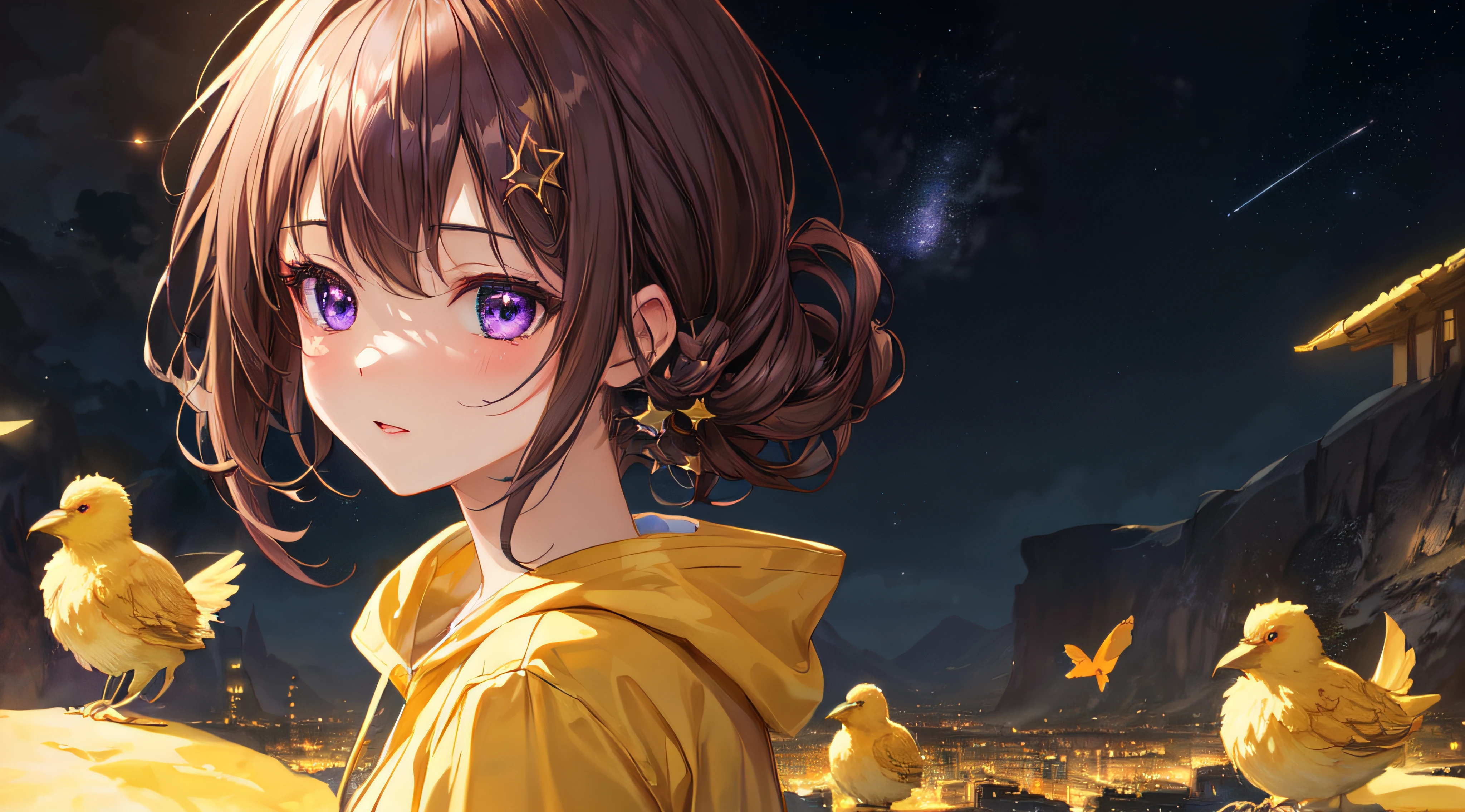 (best quality,4k,8k,highres,masterpiece:1.2),ultra-detailed, ((kawaii, anime style)),dark,shining stars,twinkling stars,mysterious moon,galaxy,nebula,colorful lights,peaceful scene,night clouds,serene atmosphere,nighttime,deep blue sky,dreamy,starlight,distant planets,luminous objects,cosmic beauty,majestic heavens,silent night,tranquil,nighttime marvels,celestial wonder,starry spectacle,clear sky,glowing constellations,dazzling display,ethereal landscape,fantastical beauty, ((purple eyes)), octane render, ((cities background))