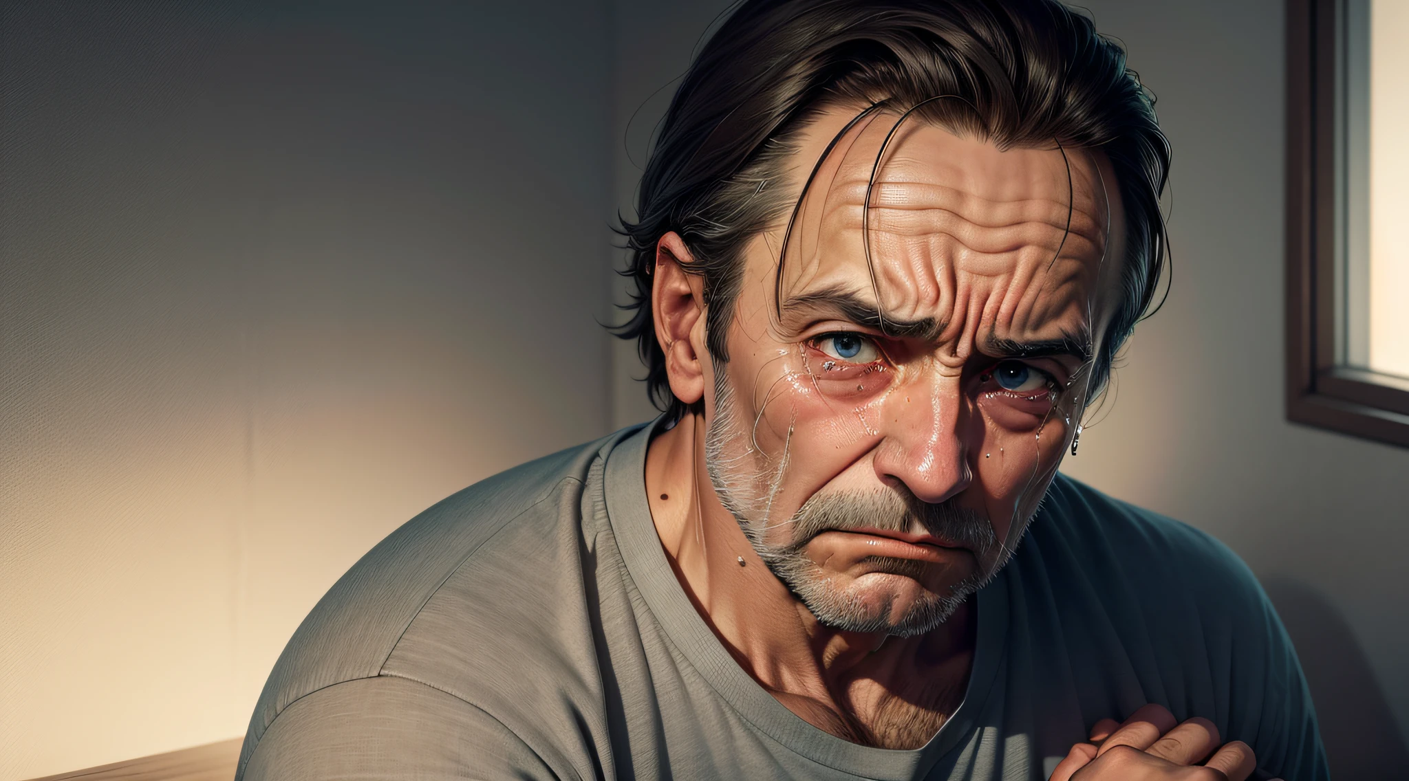 Imagine uma cena emocional e realista de um homem de meia-idade chorando, vestidos com roupas desgastadas, sentado em um canto mal iluminado de uma sala mal iluminada. He's crying profusely., with tears streaming down her wrinkled face, creating a stark contrast to the sad expression on his tired face. The dim light accentuates the lines of worry on his forehead and the wrinkles around his tired eyes, while his calloused hands hold tightly to a crumpled handkerchief. Try to capture the intensity of the emotion and the sense of despair that surrounds that moment.