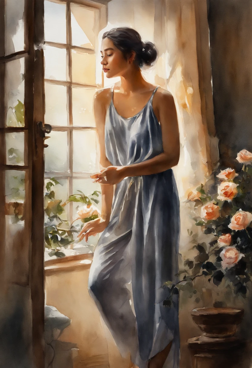 A gril surrounded by black roses, and the sunlight is streaming through the window, creating a warm and inviting atmosphere. She is wering her wet pajama, asia myanmar girl, realistic, best quality, photo-realistic 8k, (best quality:1.1), masterpiece, (realistic:1.1), photo-realistic