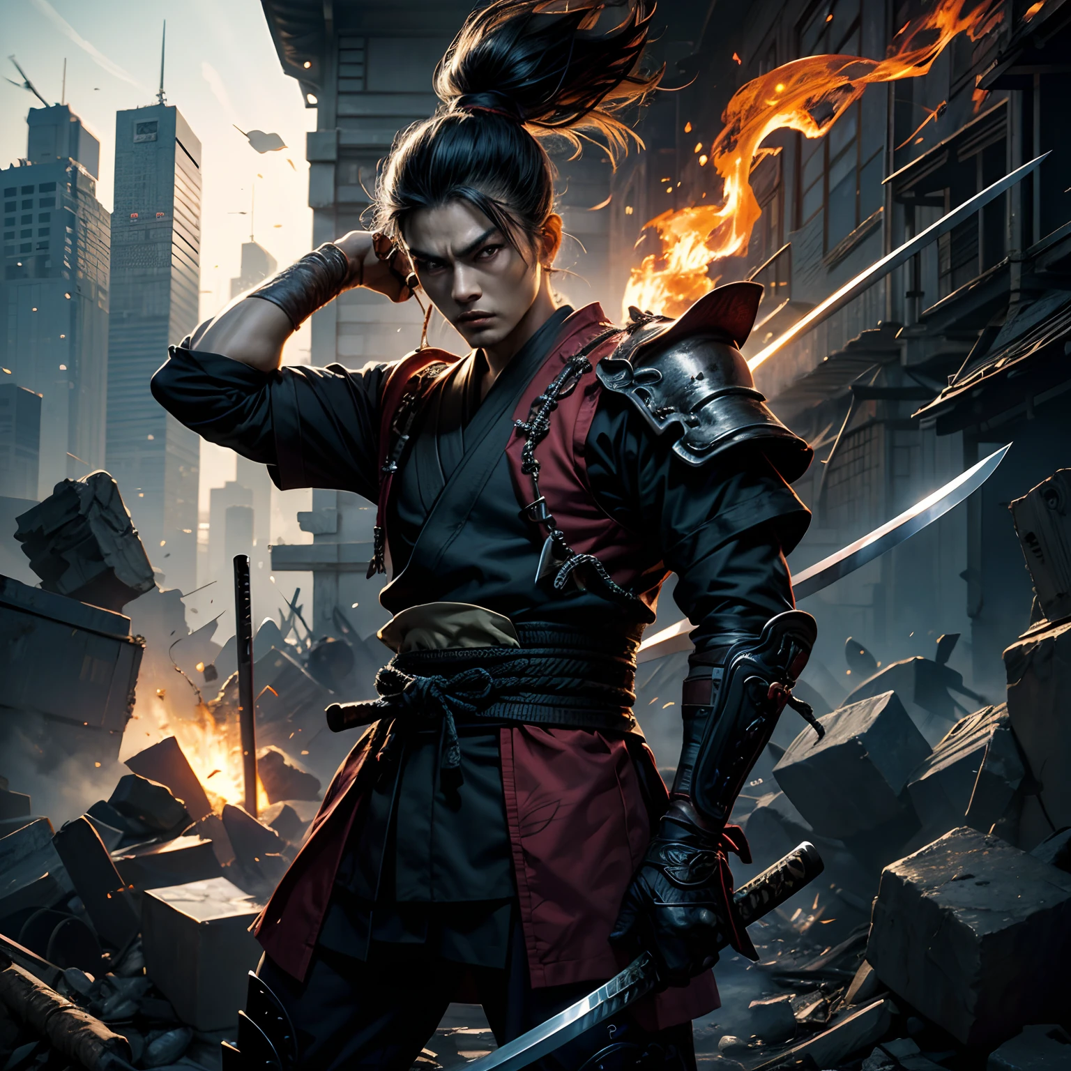 master part, Um samurai vestindo um casaco com capuz, Estilo de pintura extremamente detalhado, The katana flame is very bright, personagem realista, heroico, epic pose, amanhecer