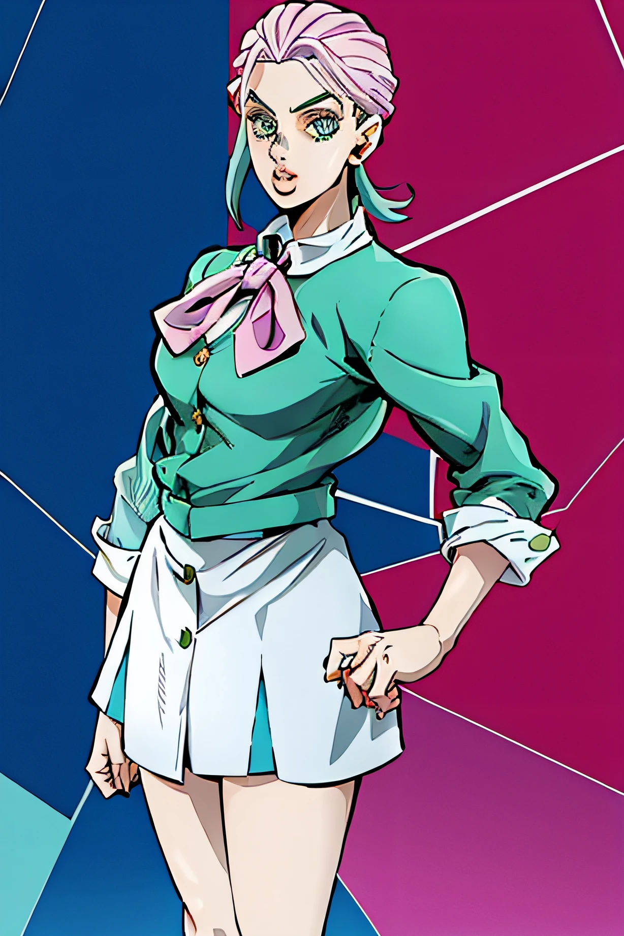 a close up of a person in a short skirt and a shirt posing as a jojo character, in jojo's bizarre adventure