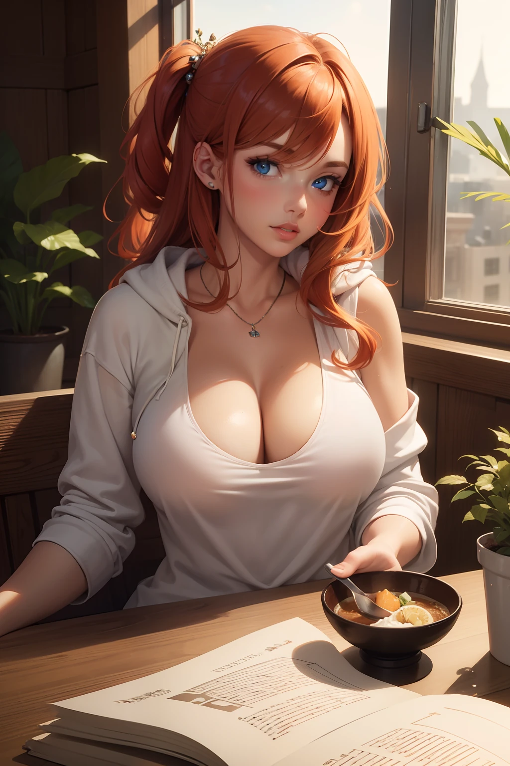 (masterpiece best quality), solo, 1girl, thick lips, blue eyes, ginger hair, tan, money tuck, bedroom, window, scoop neck, half up half down hair, hair ornament, large breasts, jewelry, plant, detailed illustration, restaurant, sitting at table, hoodie, cleavage