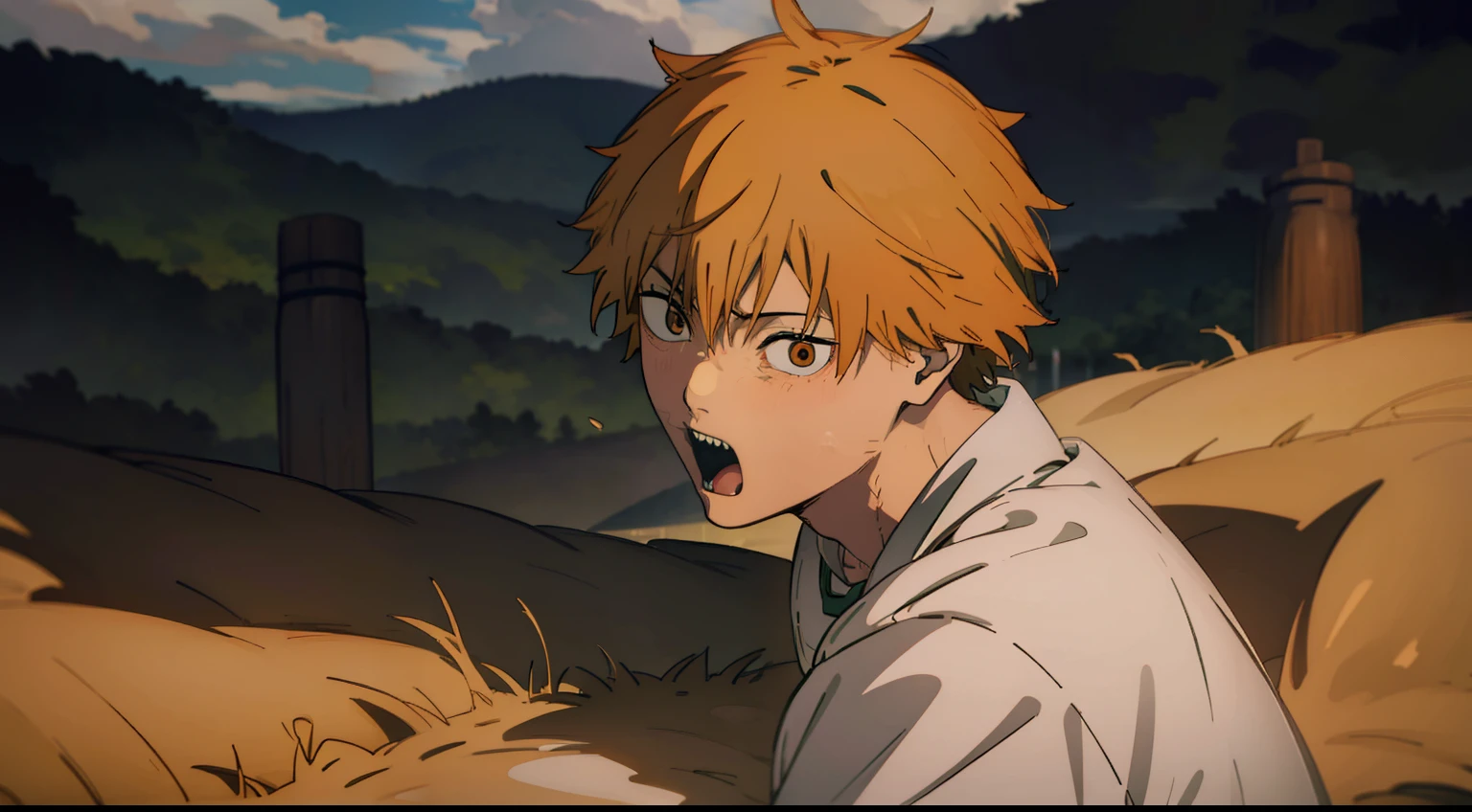 denji em um campo com expressao de medo