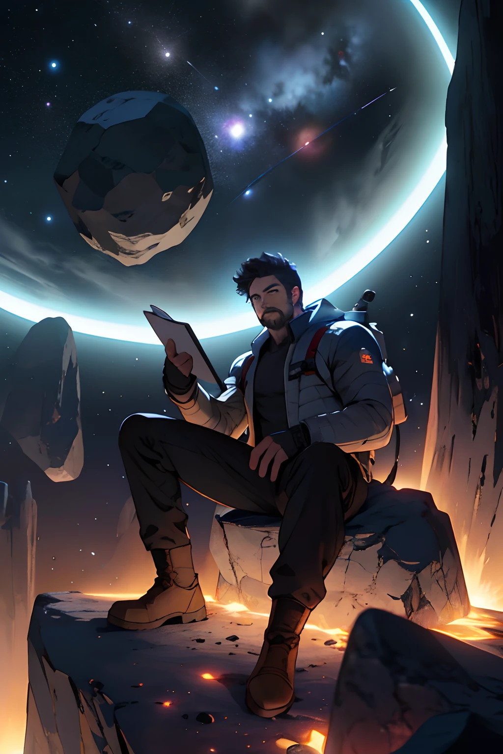 Draw a young programmer, sitting on a research platform floating in the middle of an asteroid belt. He is studying with a notebook, surrounded by several asteroids glowing with fiery auras. Dramatic lighting from distant stars and planets illuminates the scene, casting deep shadows on the suit. The young man looks confident and determined, looking at the vast and mysterious universe with wonder and respect,facial hair, cowboy shot,