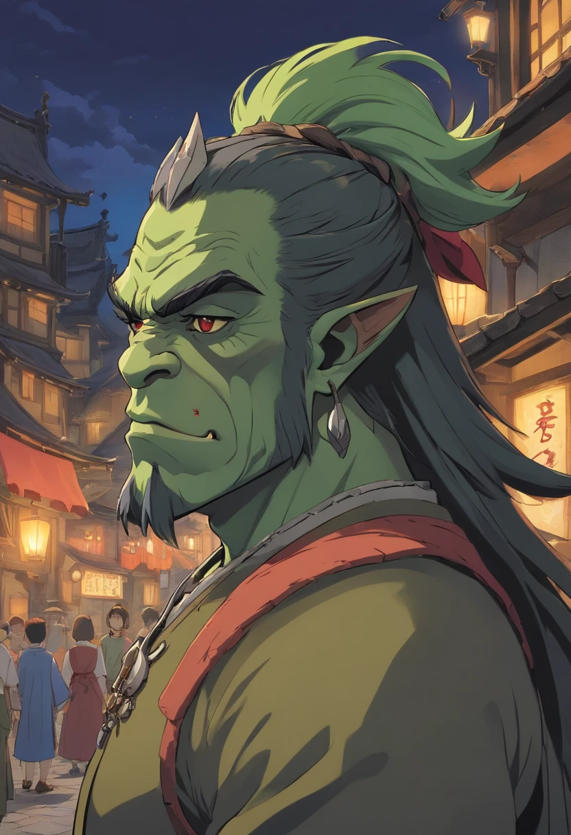Please make a man half high orc totally black, meio humano, de 1,87 m de altura, with straight hair and plenty both up and down, com corpo um pouco musculoso, usando um terno