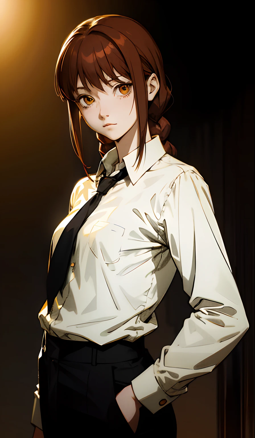 Makima una chica,age 21,Camisa manga larga, black pant, corbata negra,high resolusion, ultra detallado, Sombra realista,Ojos dorados brillantes, ambiente oscuro, enojada, Sensual.brown red hair, cold personality dark background.