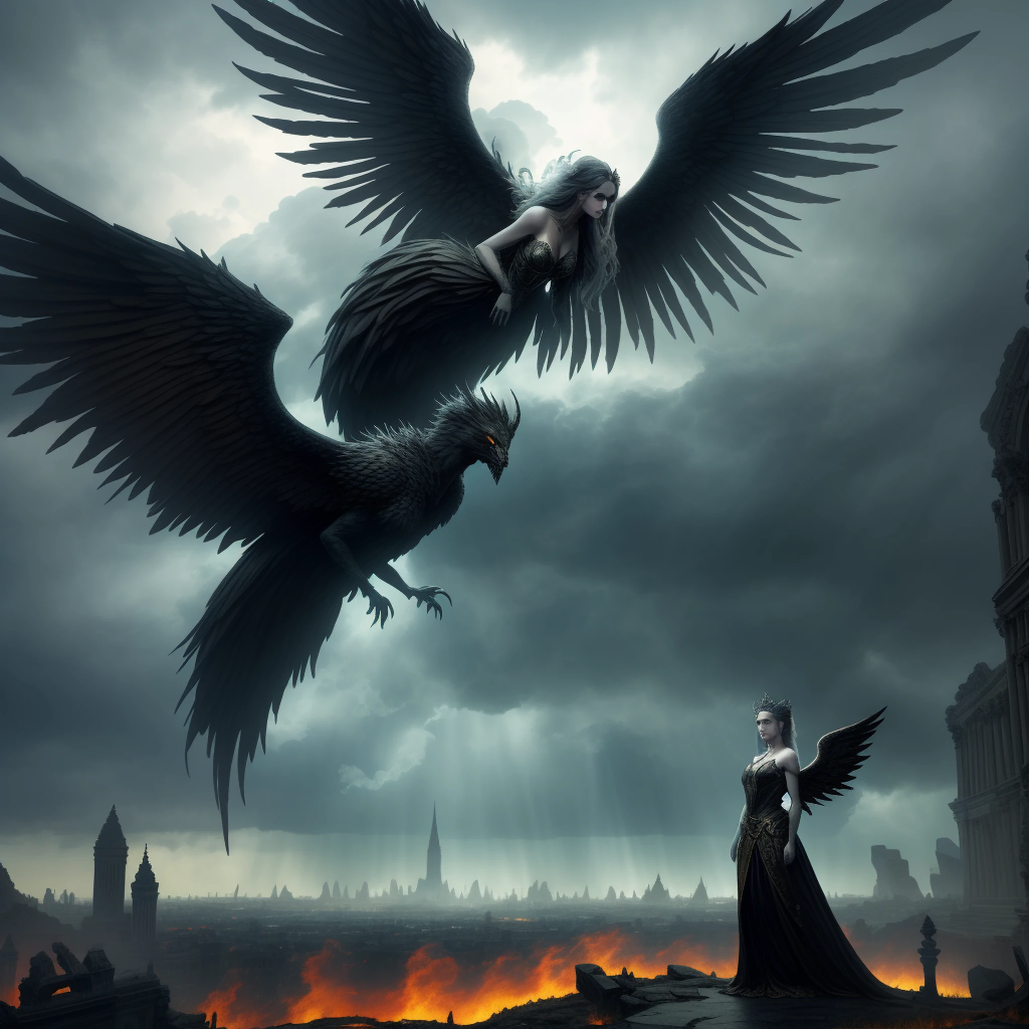 Create an image in a dark, gothic art style depicting a fallen, Malevolent angelic goddess with magnificent wings, lying defeated on the ground in the middle of an apocalyptic city consumed by flames and ruins. The composition should focus on the goddess in the foreground, emphasizing his facial expression and wings, while incorporating a panoramic view that shows the devastated landscape of the city and a stormy sky with distant rays. Melhore a imagem com contrastes que destacam a natureza dual da deusa, and experiment with lighting effects to create a mysterious aura around you. Integrate subtle details of ruined buildings, reflexos de chamas em seus olhos e asas, Swirling smoke, and distant silhouettes of mythical creatures on the horizon. The resolution should be 3000x2000 pixels with a dark color palette, tons dessaturados com detalhes em vermelho e laranja intensos. Use a mix of textured and soft brushes for intricate detail and atmospheric effects. Opt for a slightly low camera angle to emphasize the greatness of the fallen goddess, e empregar soft, diffuse lighting from the side to create shadows and highlights. Simulate a wide-angle lens for a panoramic effect, and consider applying a light grain filter to improve the sandy atmosphere. Avoid portraying any scene of hope, renewal, or heavenly intervention. Exclude any elements that imply restoration or assistance to the fallen goddess.