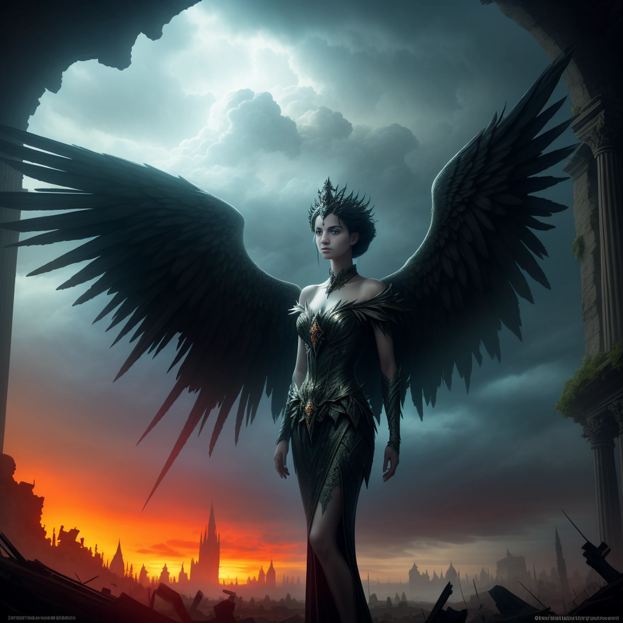Create an image in a dark, gothic art style depicting a fallen, Malevolent angelic goddess with magnificent wings, lying defeated on the ground in the middle of an apocalyptic city consumed by flames and ruins. The composition should focus on the goddess in the foreground, emphasizing his facial expression and wings, while incorporating a panoramic view that shows the devastated landscape of the city and a stormy sky with distant rays. Melhore a imagem com contrastes que destacam a natureza dual da deusa, and experiment with lighting effects to create a mysterious aura around you. Integrate subtle details of ruined buildings, reflexos de chamas em seus olhos e asas, Swirling smoke, and distant silhouettes of mythical creatures on the horizon. The resolution should be 3000x2000 pixels with a dark color palette, tons dessaturados com detalhes em vermelho e laranja intensos. Use a mix of textured and soft brushes for intricate detail and atmospheric effects. Opt for a slightly low camera angle to emphasize the greatness of the fallen goddess, e empregar soft, diffuse lighting from the side to create shadows and highlights. Simulate a wide-angle lens for a panoramic effect, and consider applying a light grain filter to improve the sandy atmosphere. Avoid portraying any scene of hope, renewal, or heavenly intervention. Exclude any elements that imply restoration or assistance to the fallen goddess.