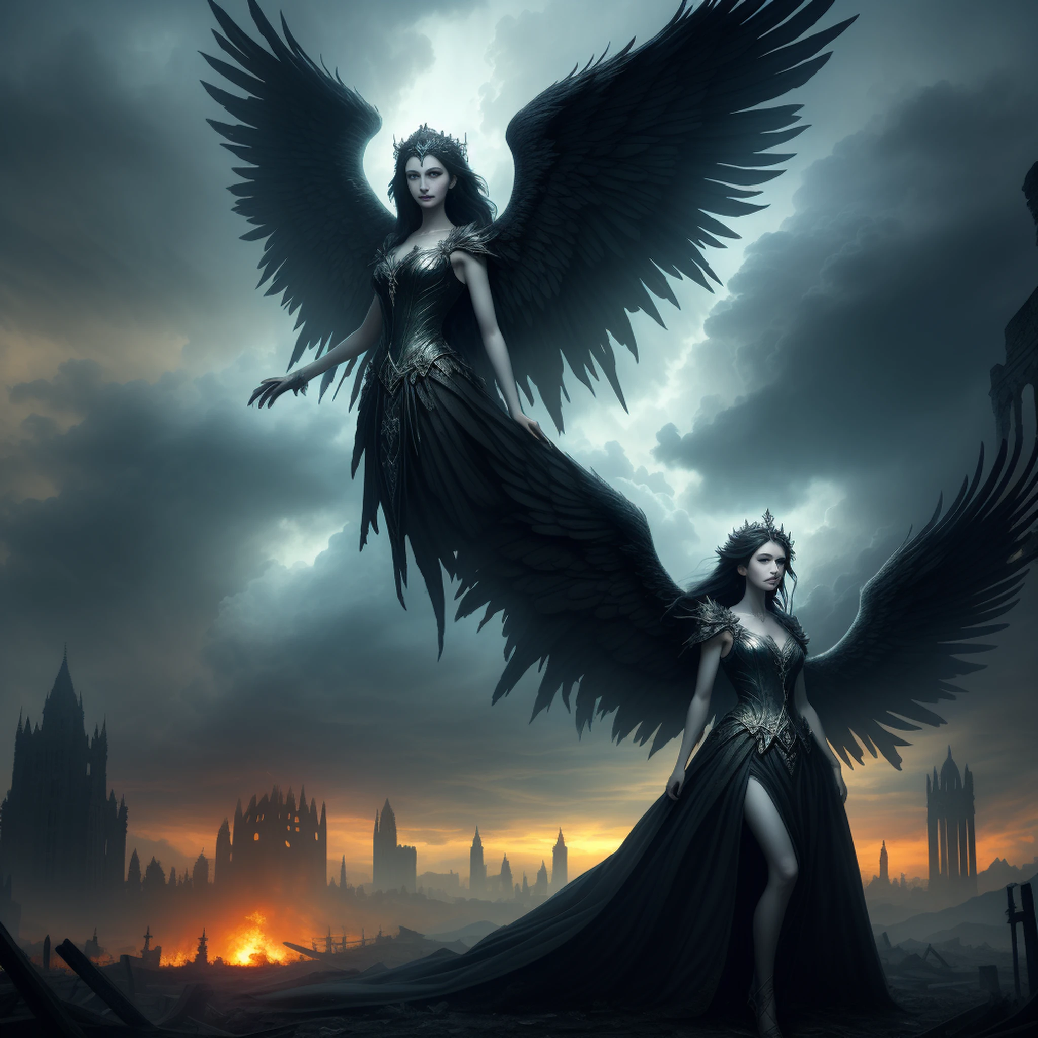 Create an image in a dark, gothic art style depicting a fallen, Malevolent angelic goddess with magnificent wings, lying defeated on the ground in the middle of an apocalyptic city consumed by flames and ruins. The composition should focus on the goddess in the foreground, emphasizing his facial expression and wings, while incorporating a panoramic view that shows the devastated landscape of the city and a stormy sky with distant rays. Melhore a imagem com contrastes que destacam a natureza dual da deusa, and experiment with lighting effects to create a mysterious aura around you. Integrate subtle details of ruined buildings, reflexos de chamas em seus olhos e asas, Swirling smoke, and distant silhouettes of mythical creatures on the horizon. The resolution should be 3000x2000 pixels with a dark color palette, tons dessaturados com detalhes em vermelho e laranja intensos. Use a mix of textured and soft brushes for intricate detail and atmospheric effects. Opt for a slightly low camera angle to emphasize the greatness of the fallen goddess, e empregar soft, diffuse lighting from the side to create shadows and highlights. Simulate a wide-angle lens for a panoramic effect, and consider applying a light grain filter to improve the sandy atmosphere. Avoid portraying any scene of hope, renewal, or heavenly intervention. Exclude any elements that imply restoration or assistance to the fallen goddess.
