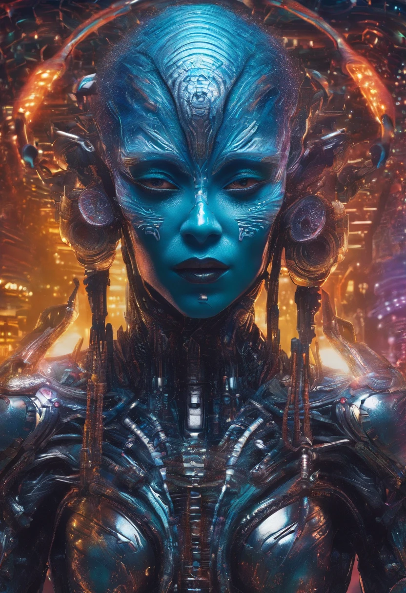 Retrato extremamente detalhado e ultra realista de muito bonito Krishna futurista cyberpunk, homem amoroso , lindos olhos de glitter , tom de pele azul , sorridente , natureza divina, holding flutes in your hands, Peacock feather on the head.