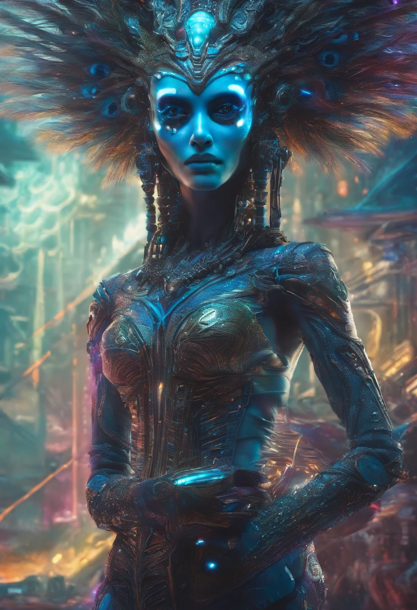Retrato extremamente detalhado e ultra realista de muito bonito Krishna futurista cyberpunk, homem amoroso , lindos olhos de glitter , tom de pele azul , sorridente , natureza divina, holding flutes in your hands, Peacock feather on the head.