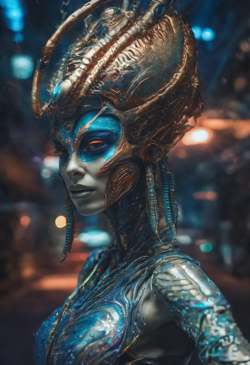 Retrato extremamente detalhado e ultra realista de muito bonito Krishna futurista cyberpunk, homem amoroso , lindos olhos de glitter , tom de pele azul , sorridente , natureza divina, holding flutes in your hands, Peacock feather on the head.